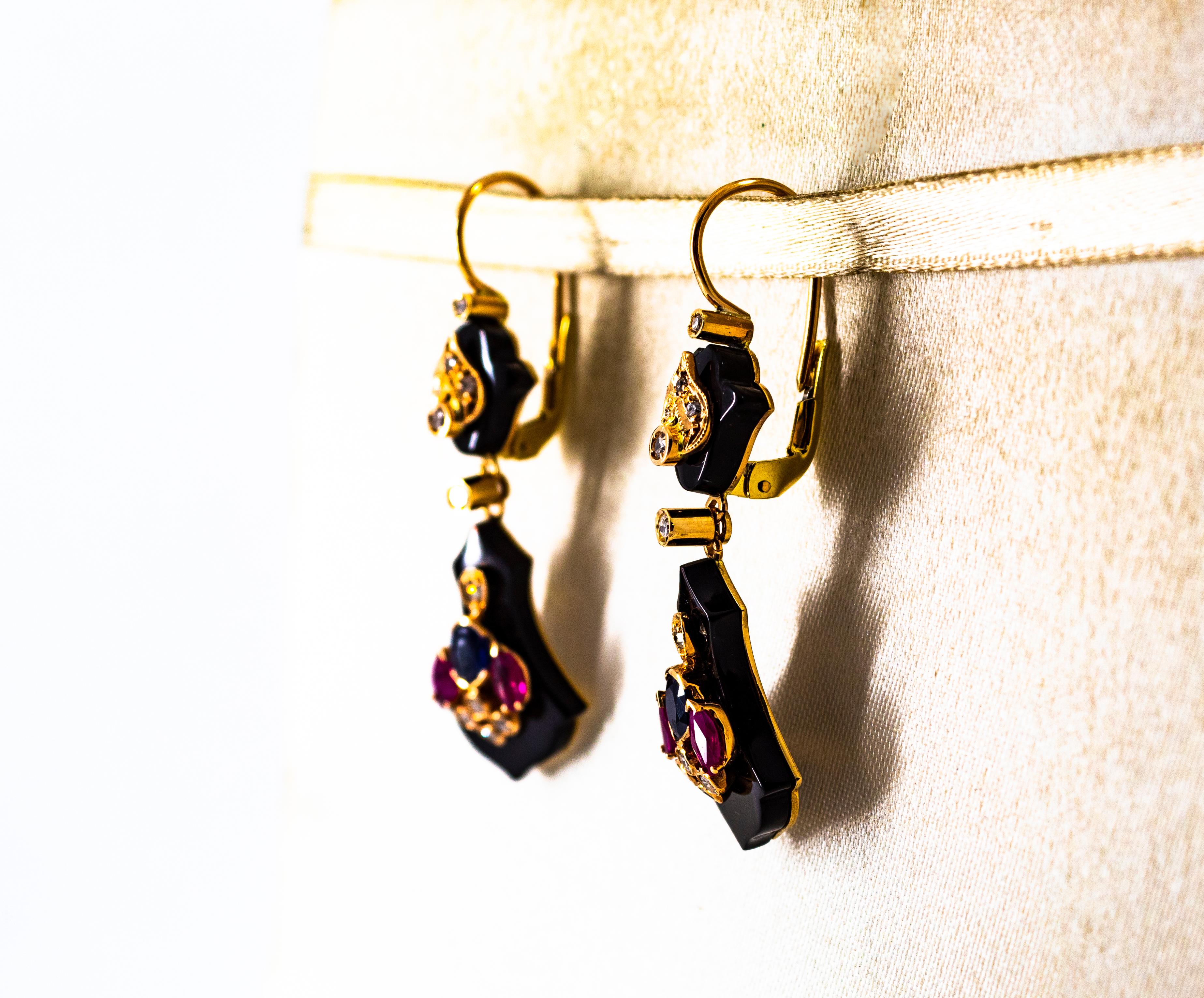 Art Deco Style 2.10 Carat Diamond Ruby Blue Sapphire Onyx Yellow Gold Earrings In New Condition For Sale In Naples, IT