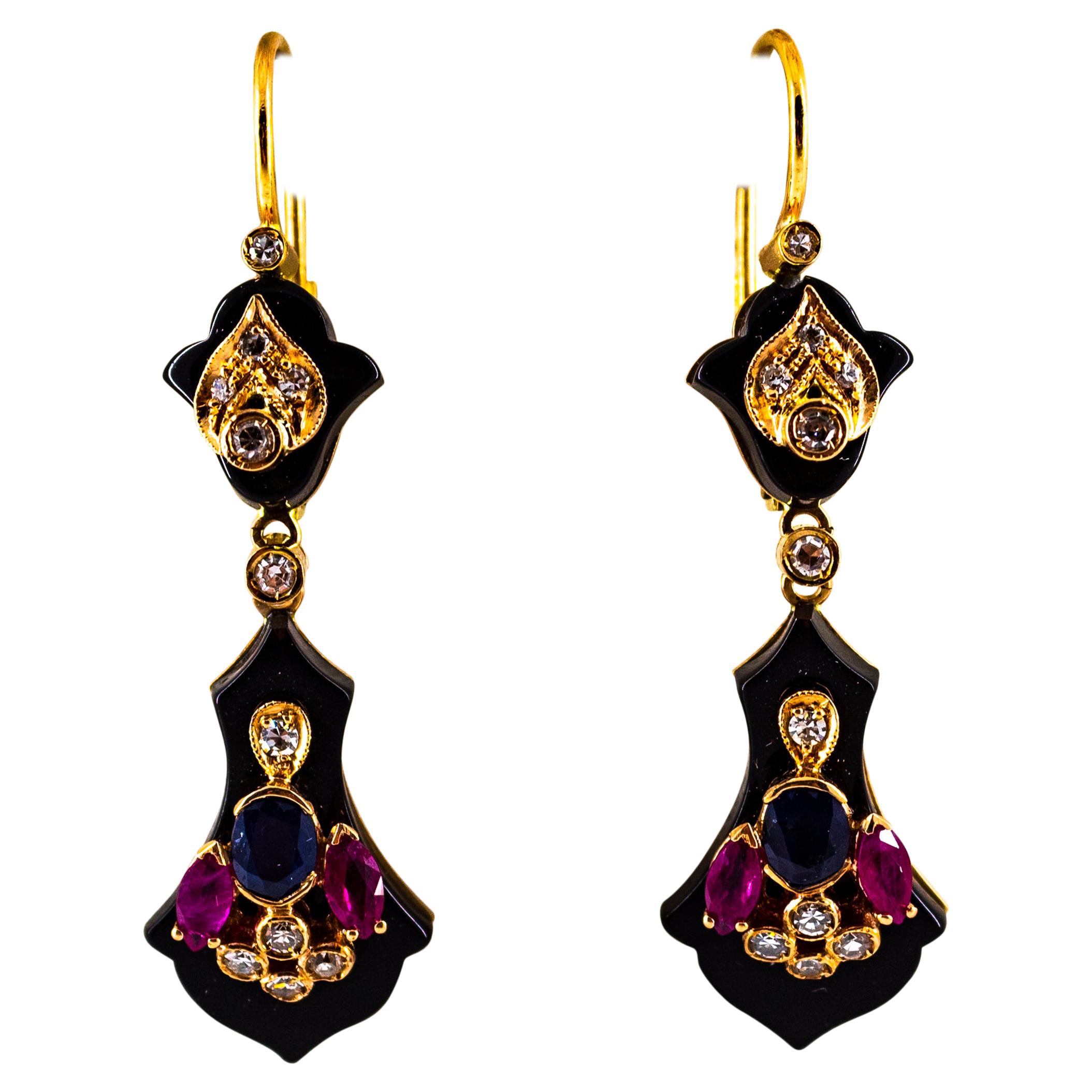 Art Deco Style 2.10 Carat Diamond Ruby Blue Sapphire Onyx Yellow Gold Earrings For Sale