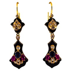 Art Deco Style 2.10 Carat Diamond Ruby Blue Sapphire Onyx Yellow Gold Earrings