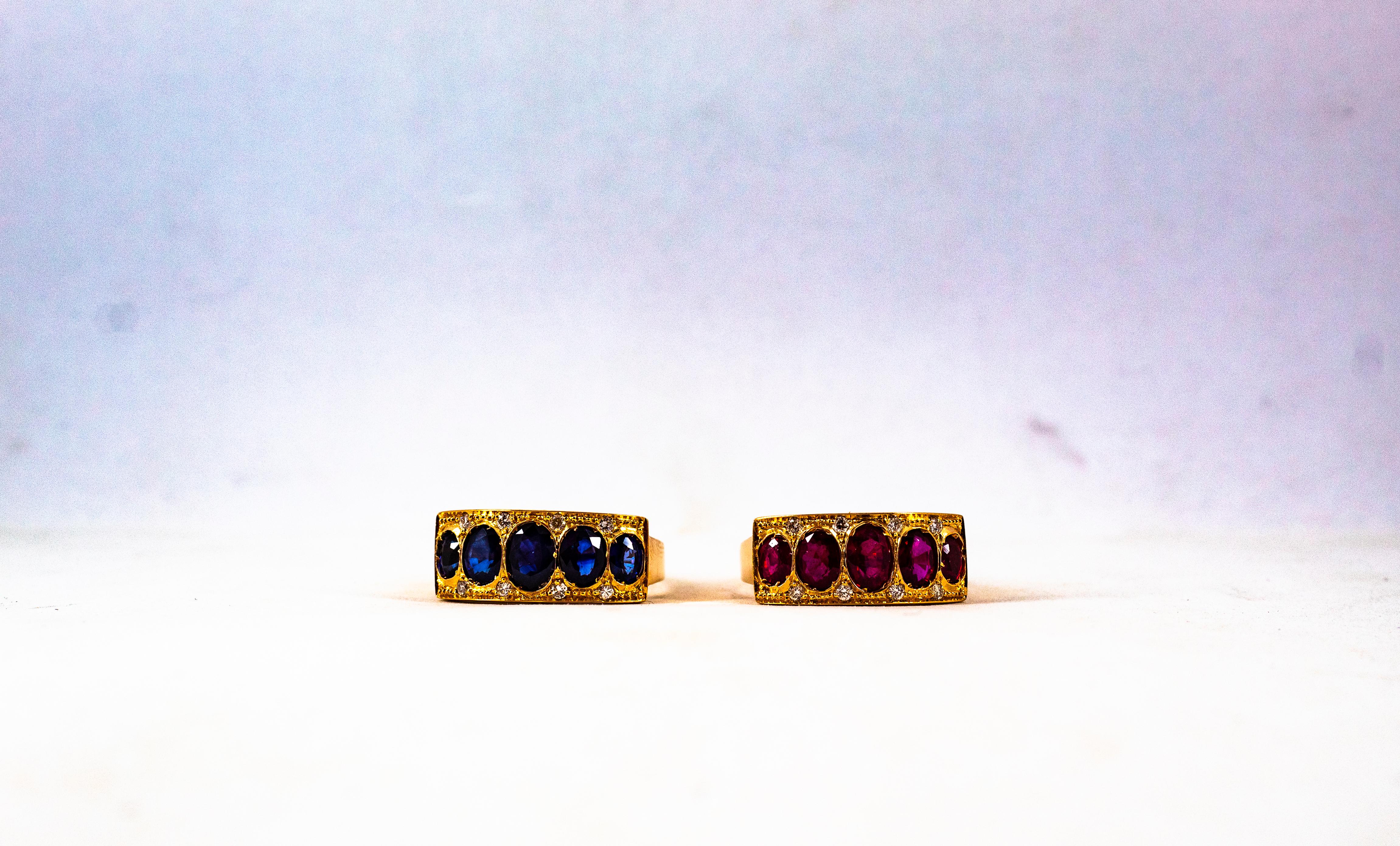 Women's or Men's Art Deco Style 2.10 Carat White Brilliant Cut Diamond Ruby Yellow Gold Band Ring