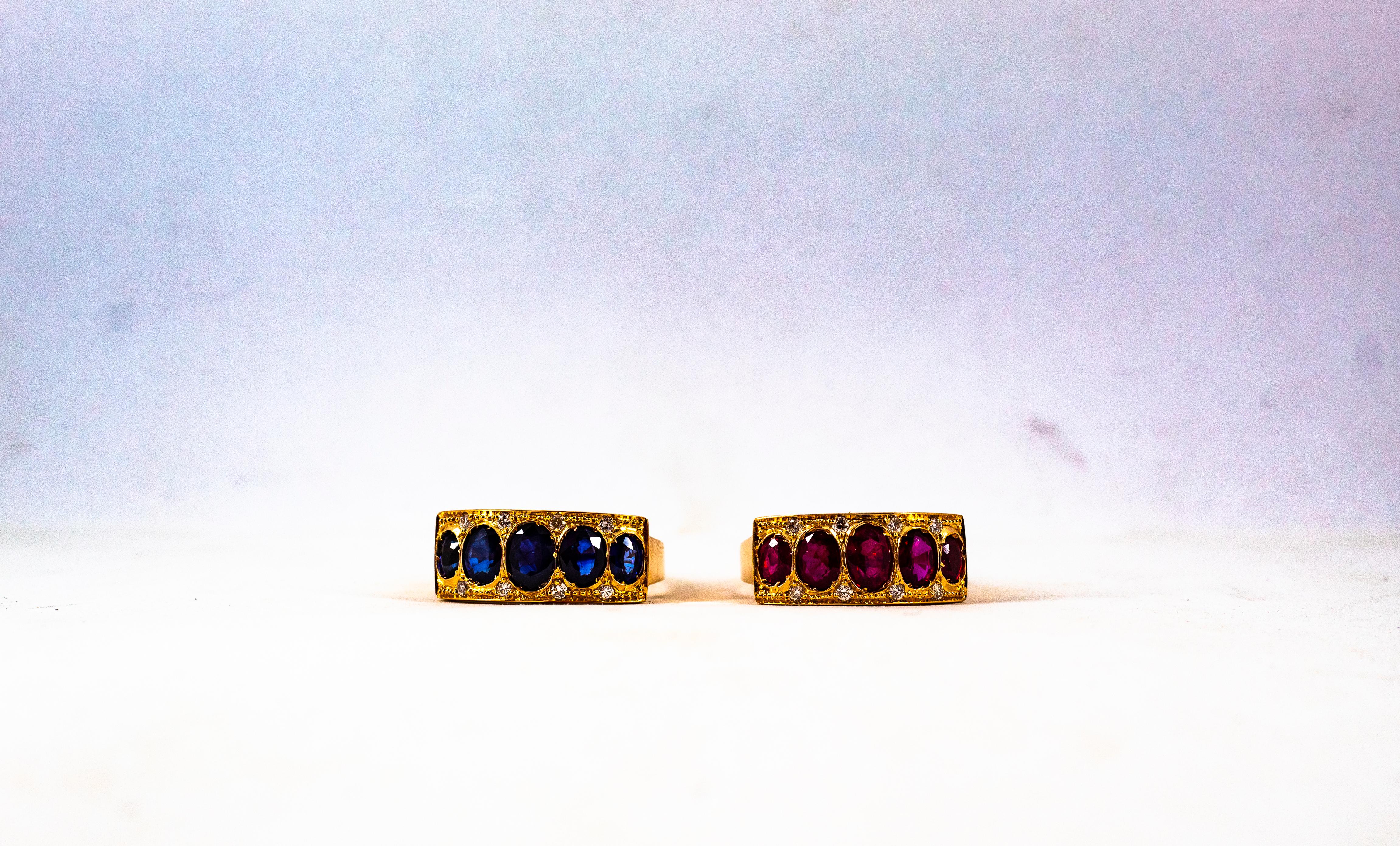 Women's or Men's Art Deco Style 2.10 Carat White Brilliant Cut Diamond Ruby Yellow Gold Band Ring For Sale