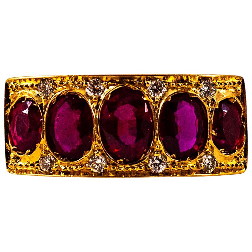 Art Deco Style 2.10 Carat White Brilliant Cut Diamond Ruby Yellow Gold Band Ring