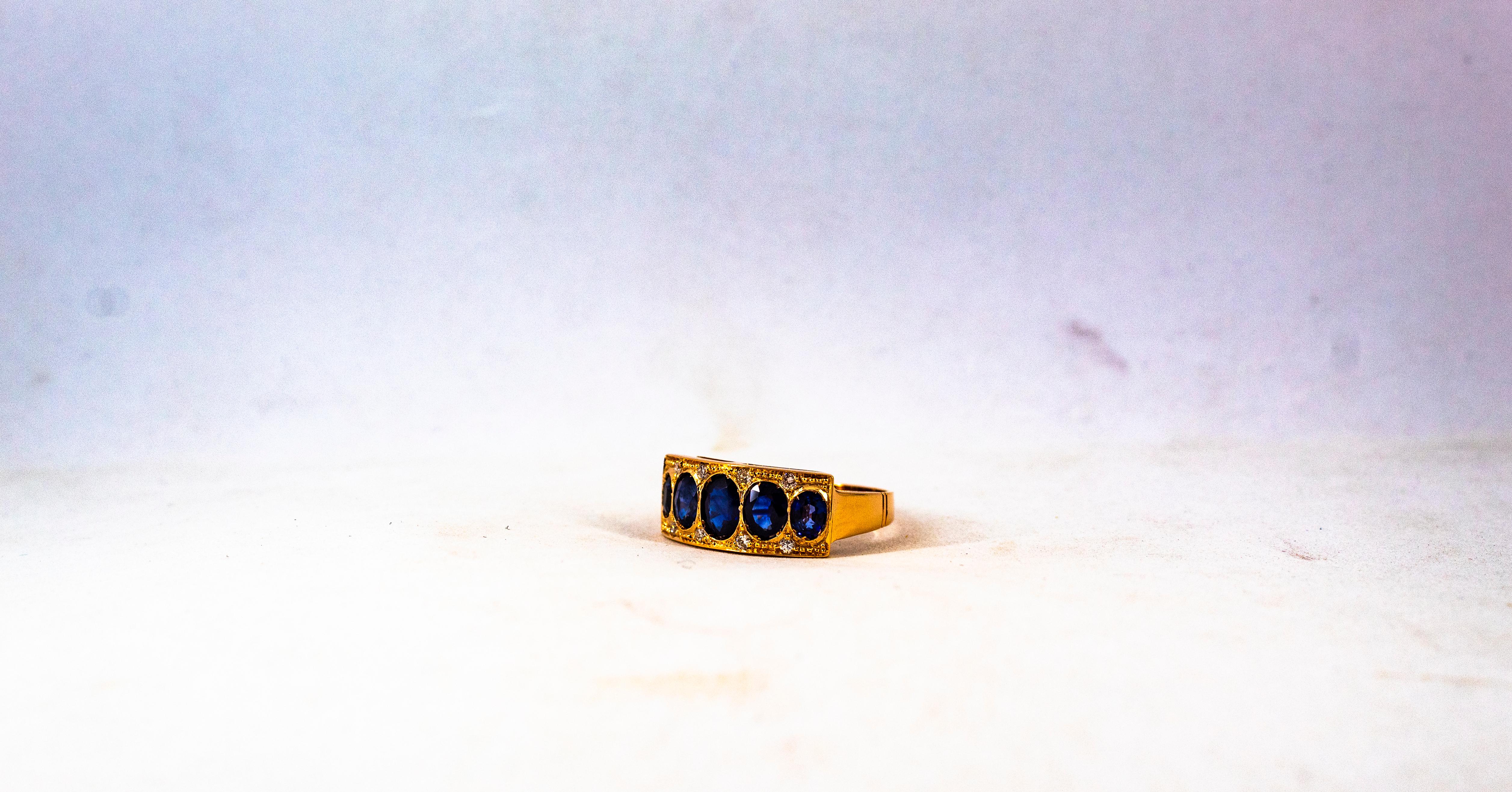 Art Deco Style 2.10 Carat White Diamond Oval Cut Blue Sapphire Yellow Gold Ring For Sale 5