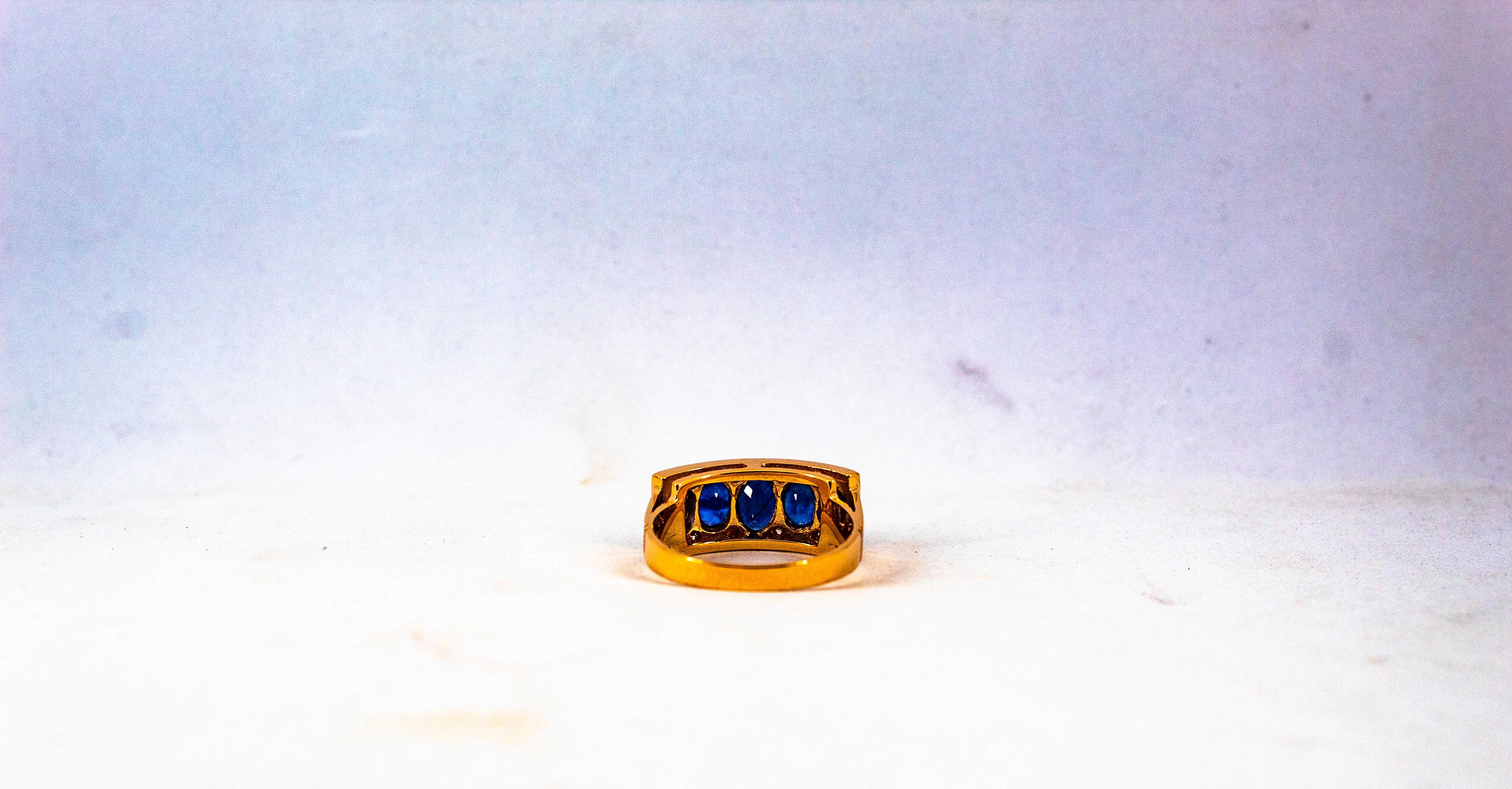 Art Deco Style 2.10 Carat White Diamond Oval Cut Blue Sapphire Yellow Gold Ring For Sale 6