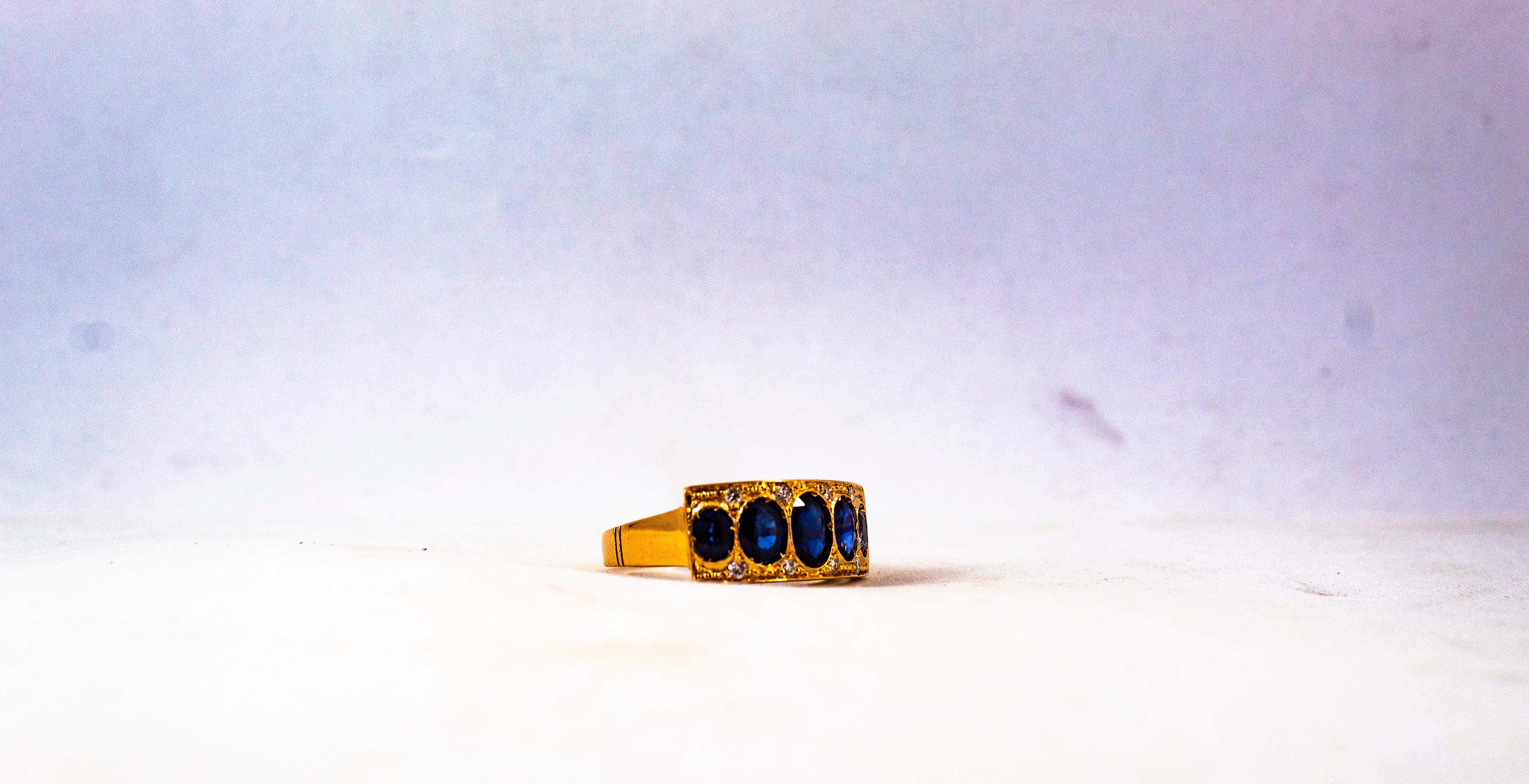 Art Deco Style 2.10 Carat White Diamond Oval Cut Blue Sapphire Yellow Gold Ring For Sale 7