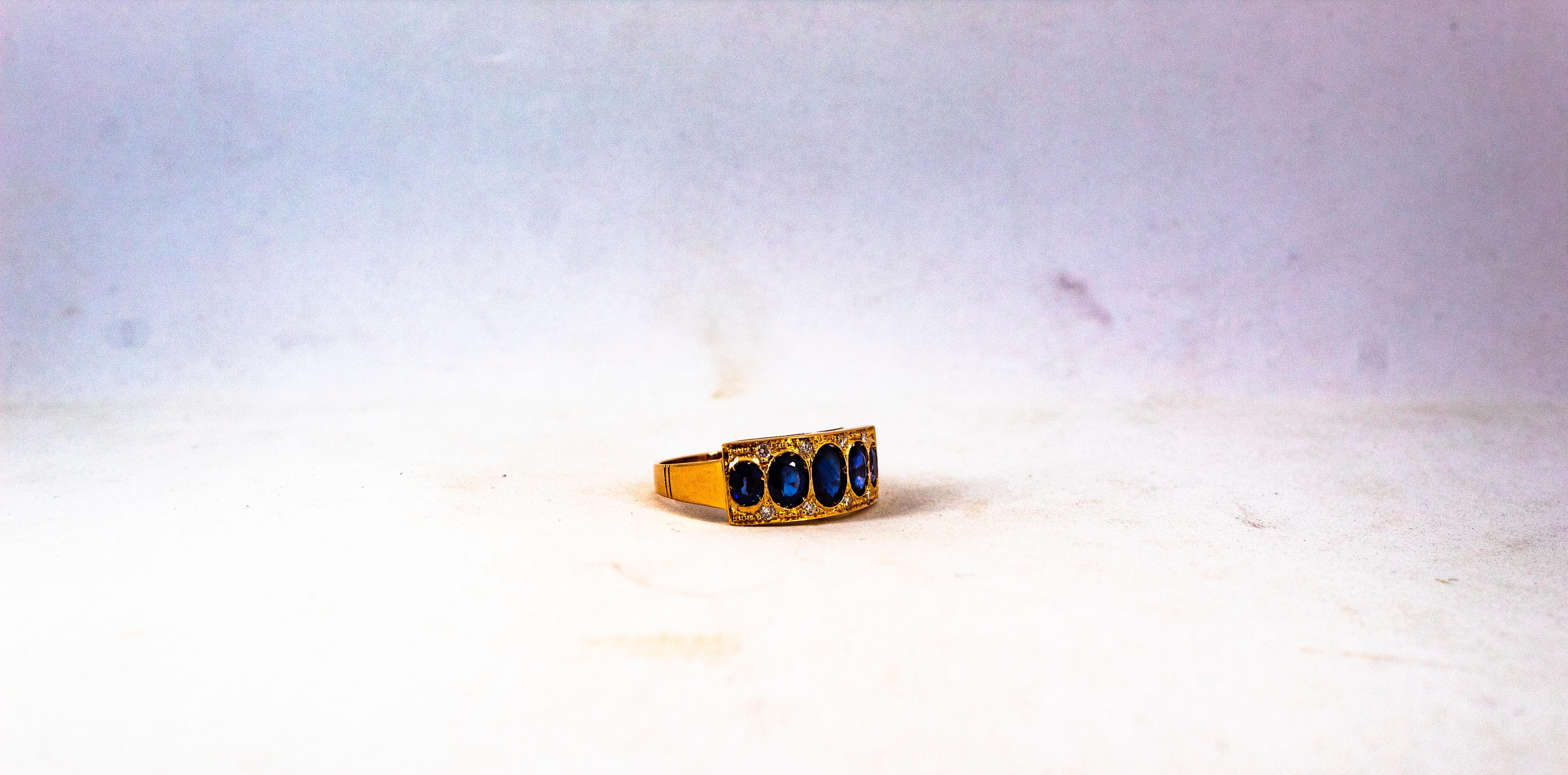 Art Deco Style 2.10 Carat White Diamond Oval Cut Blue Sapphire Yellow Gold Ring For Sale 8