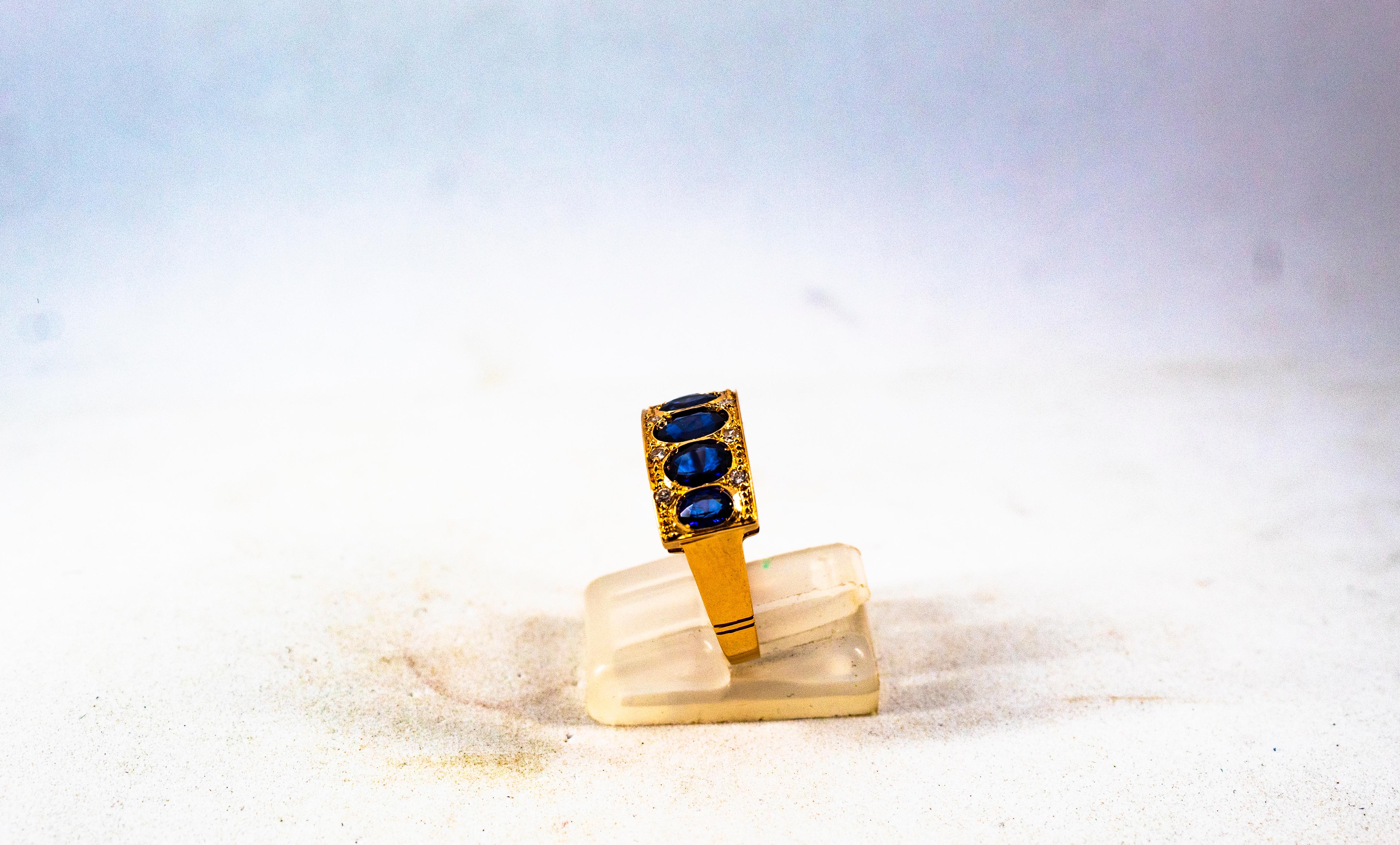 Art Deco Style 2.10 Carat White Diamond Oval Cut Blue Sapphire Yellow Gold Ring In New Condition For Sale In Naples, IT