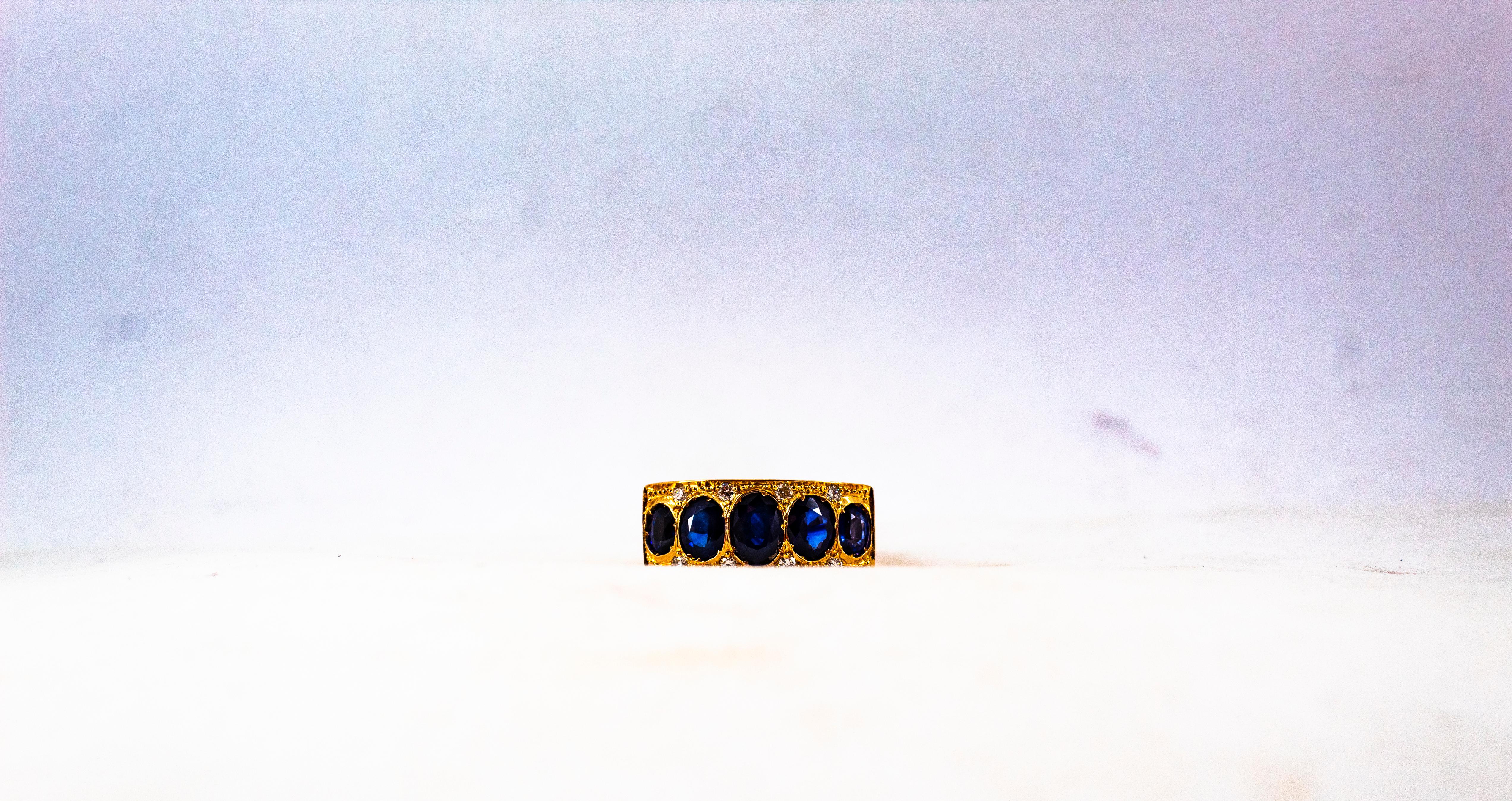 Art Deco Style 2.10 Carat White Diamond Oval Cut Blue Sapphire Yellow Gold Ring For Sale 2