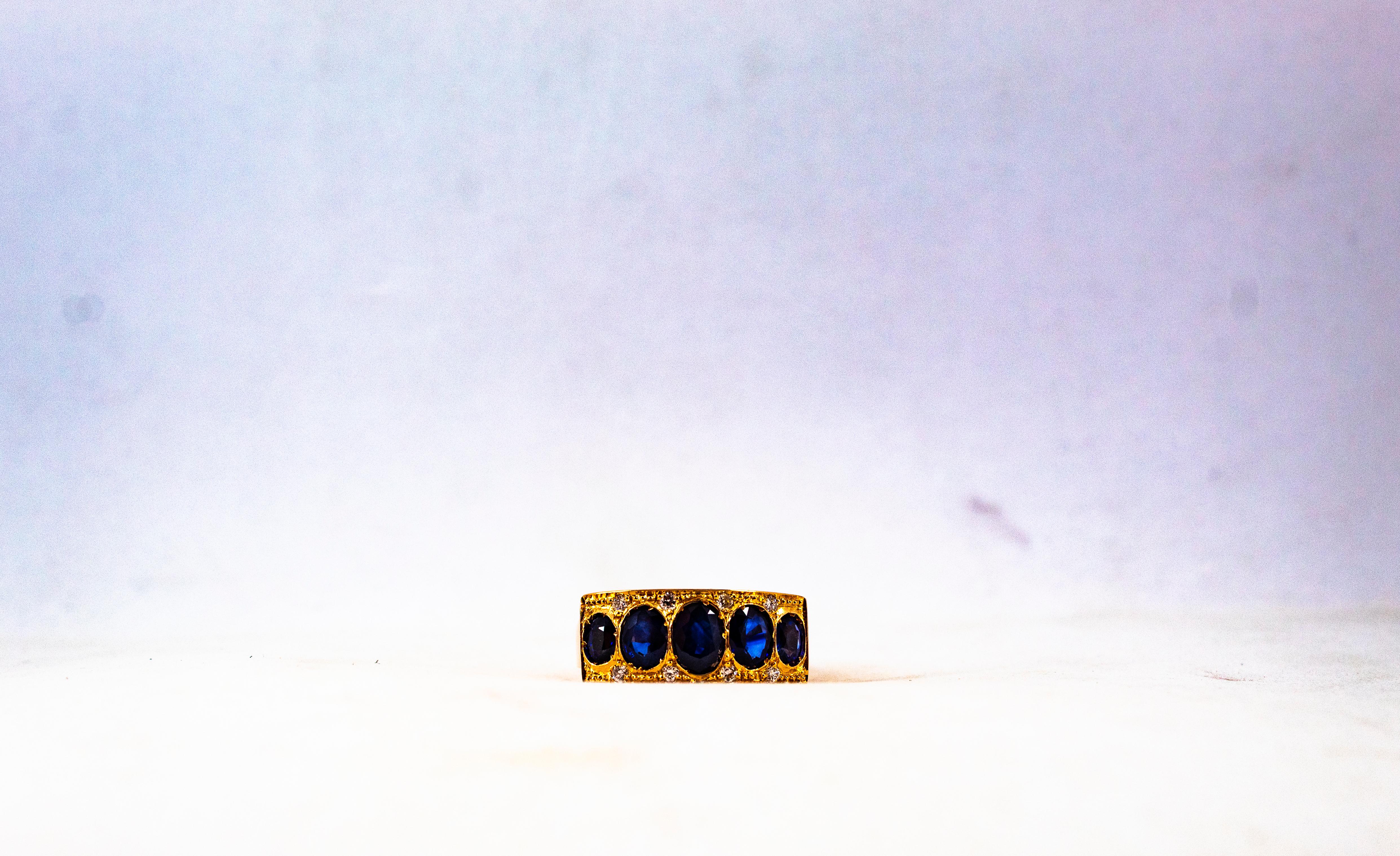 Art Deco Style 2.10 Carat White Diamond Oval Cut Blue Sapphire Yellow Gold Ring For Sale 3