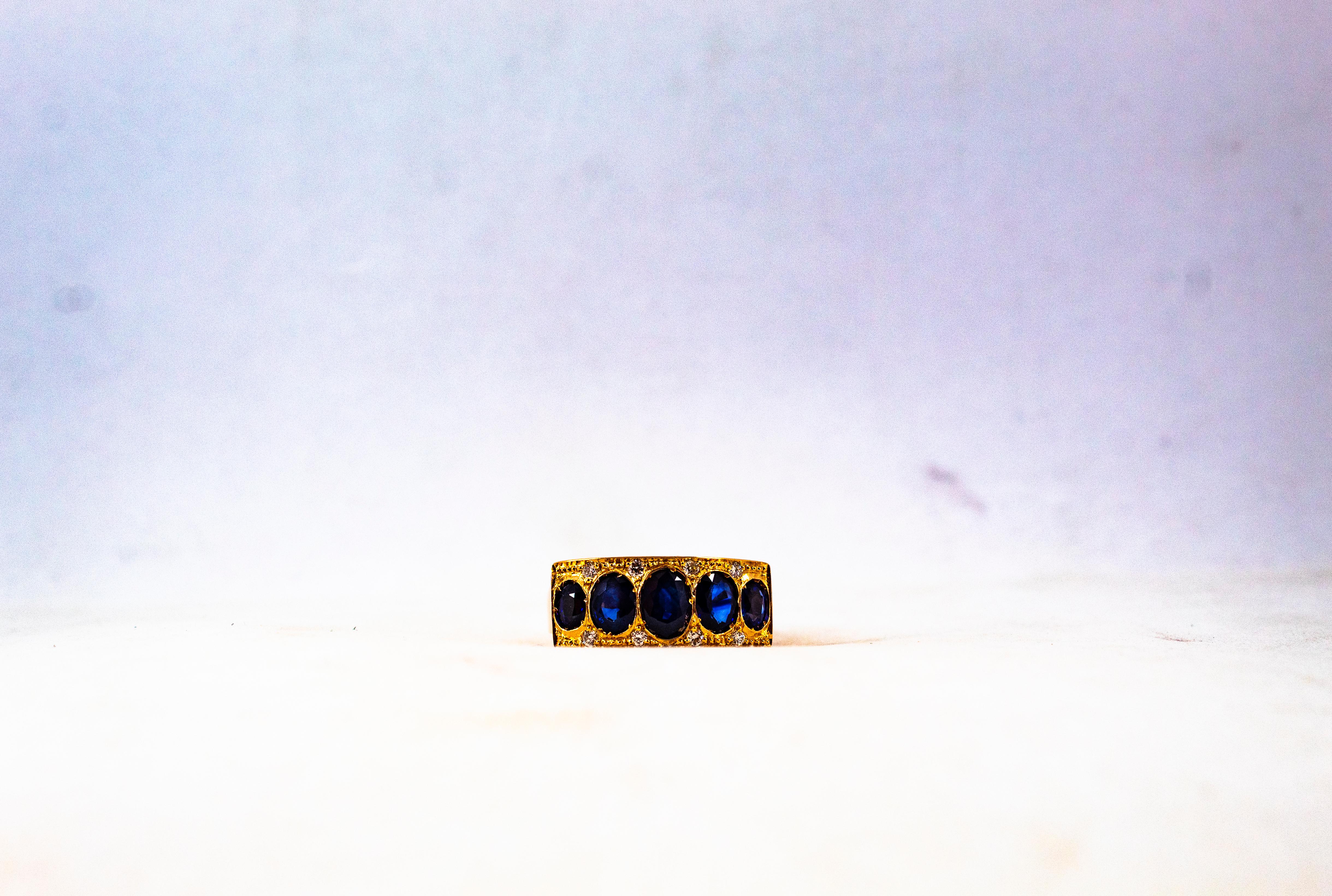 Art Deco Style 2.10 Carat White Diamond Oval Cut Blue Sapphire Yellow Gold Ring For Sale 4