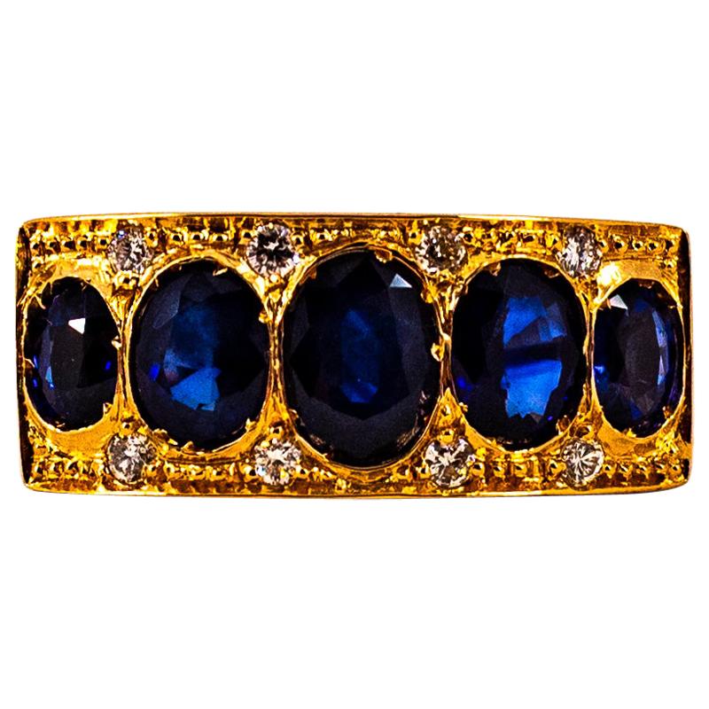 Art Deco Style 2.10 Carat White Diamond Oval Cut Blue Sapphire Yellow Gold Ring For Sale