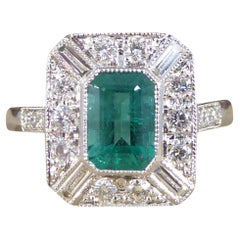 Art Deco Style 2.10ct Emerald and Diamond Geometric Cluster Ring in Platinum
