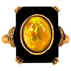 Art Deco Style 2.12 Carat White Diamond Opal Onyx Yellow Gold Cocktail Ring