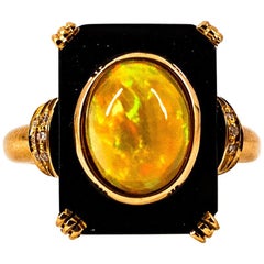 Art Deco Style 2.12 Carat White Diamond Opal Onyx Yellow Gold Cocktail Ring