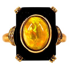 Art Deco Style 2.12 Carat White Diamond Opal Onyx Yellow Gold Cocktail Ring