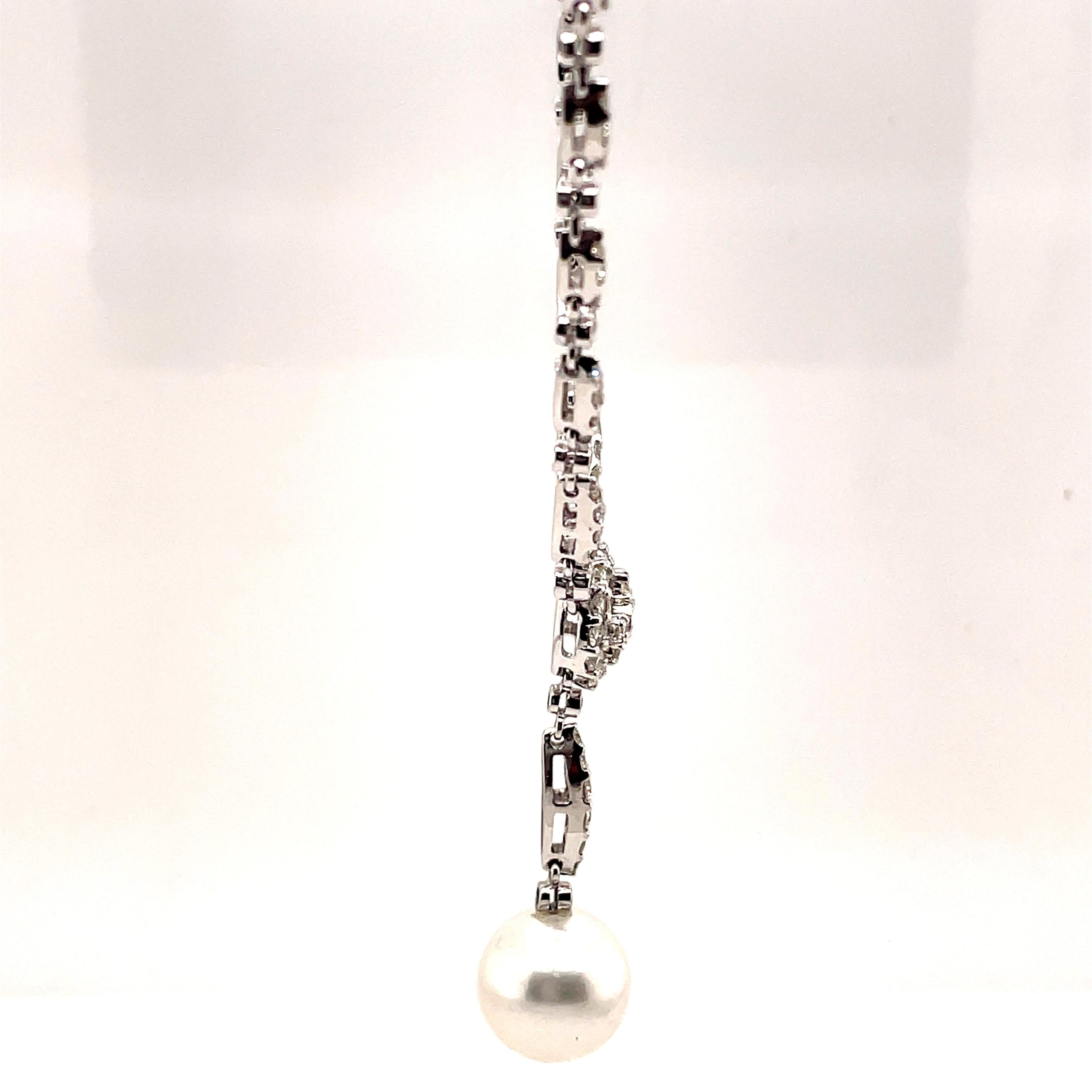 Art Deco Stil 2,12 Karat Diamant-Tropfen-Halskette mit Perle 18k Weißgold (Rundschliff) im Angebot