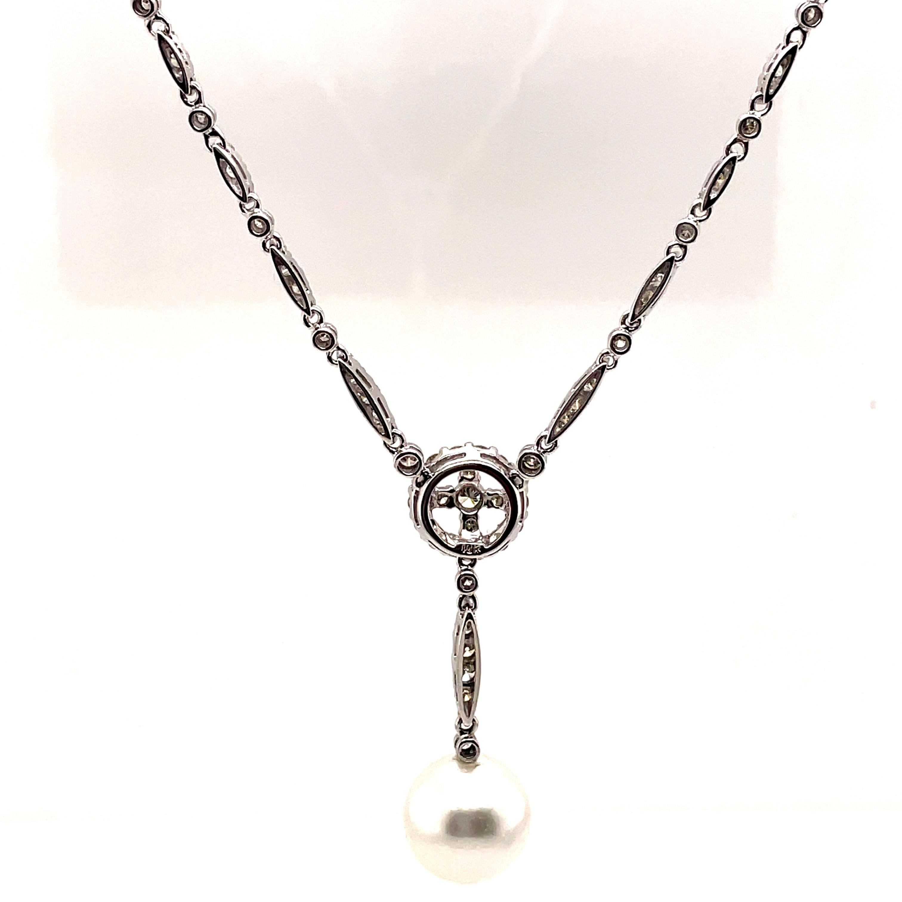 Women's Art Deco Style 2.12ct Diamond Drop Necklace with Pearl 18k White Gold For Sale