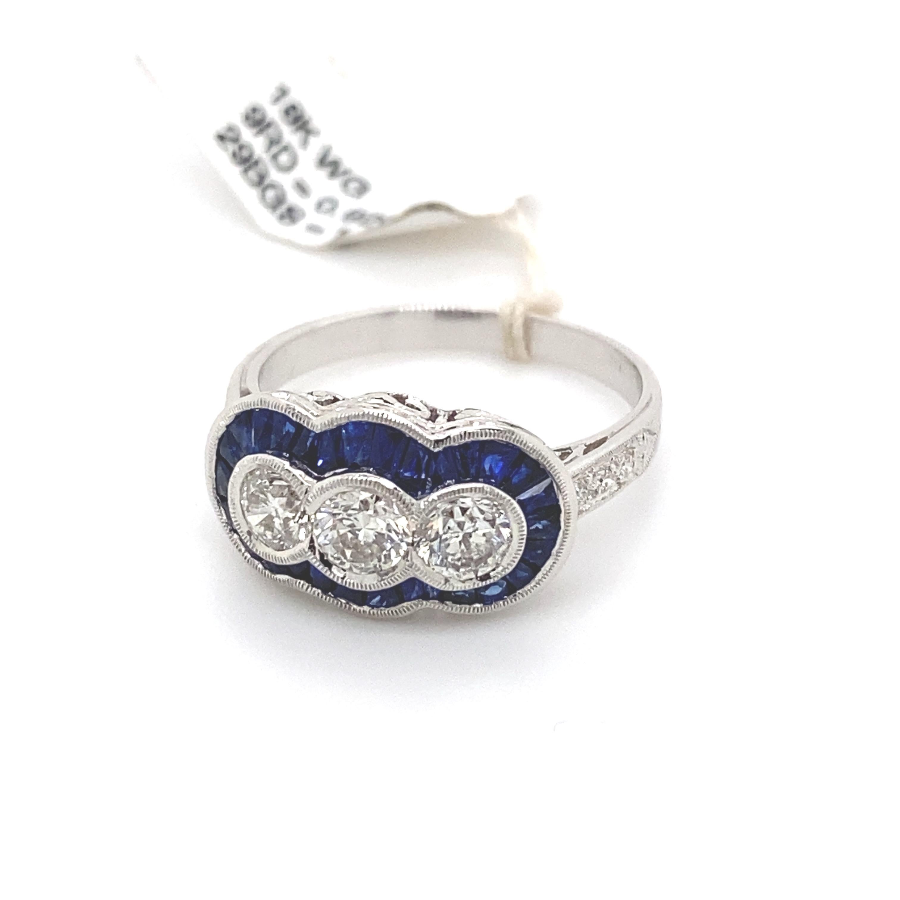 Round Cut Art Deco Style 2.12ct Sapphire & Diamond Three Stone Ring 18 Karat White Gold