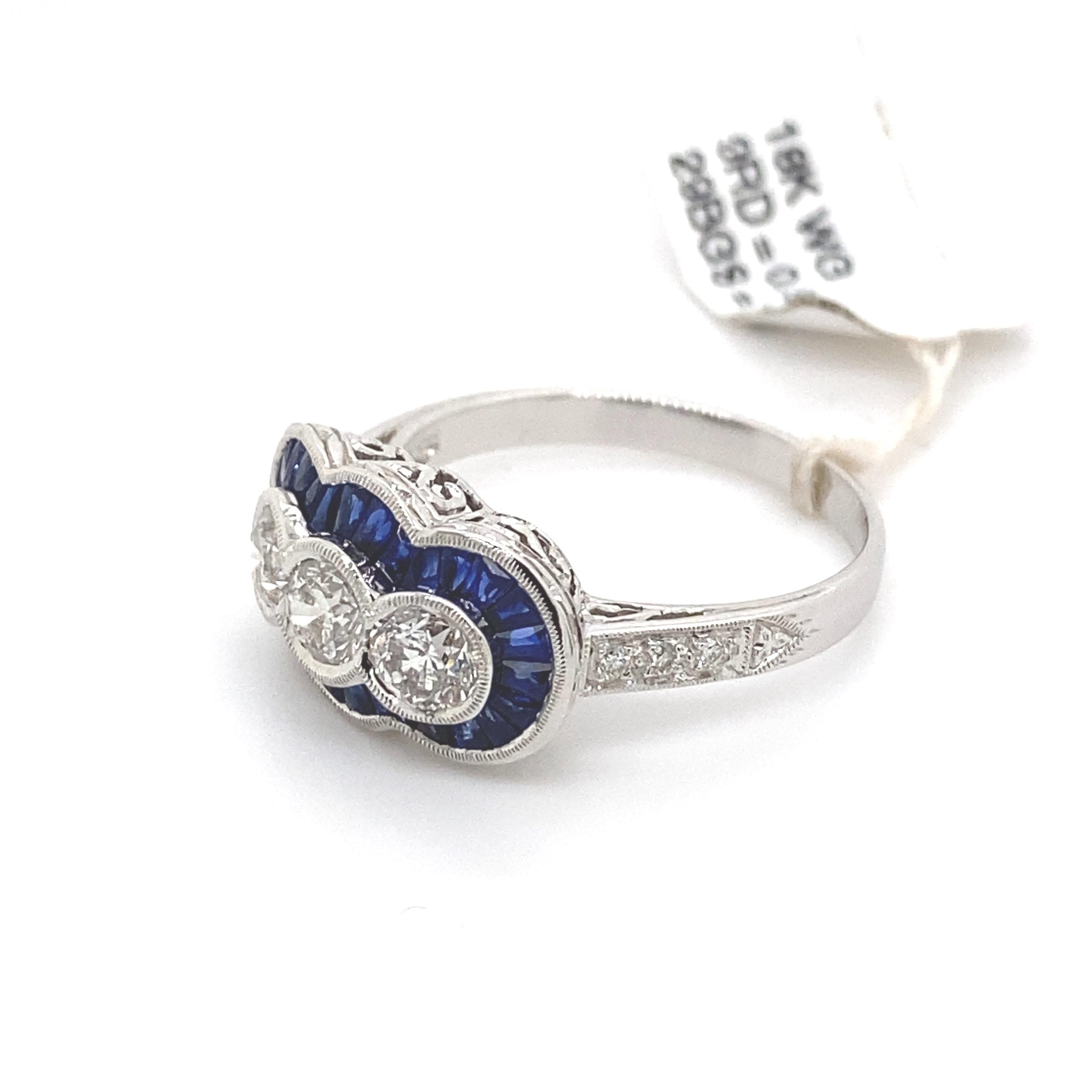 Art Deco Style 2.12ct Sapphire & Diamond Three Stone Ring 18 Karat White Gold In New Condition In BEVERLY HILLS, CA