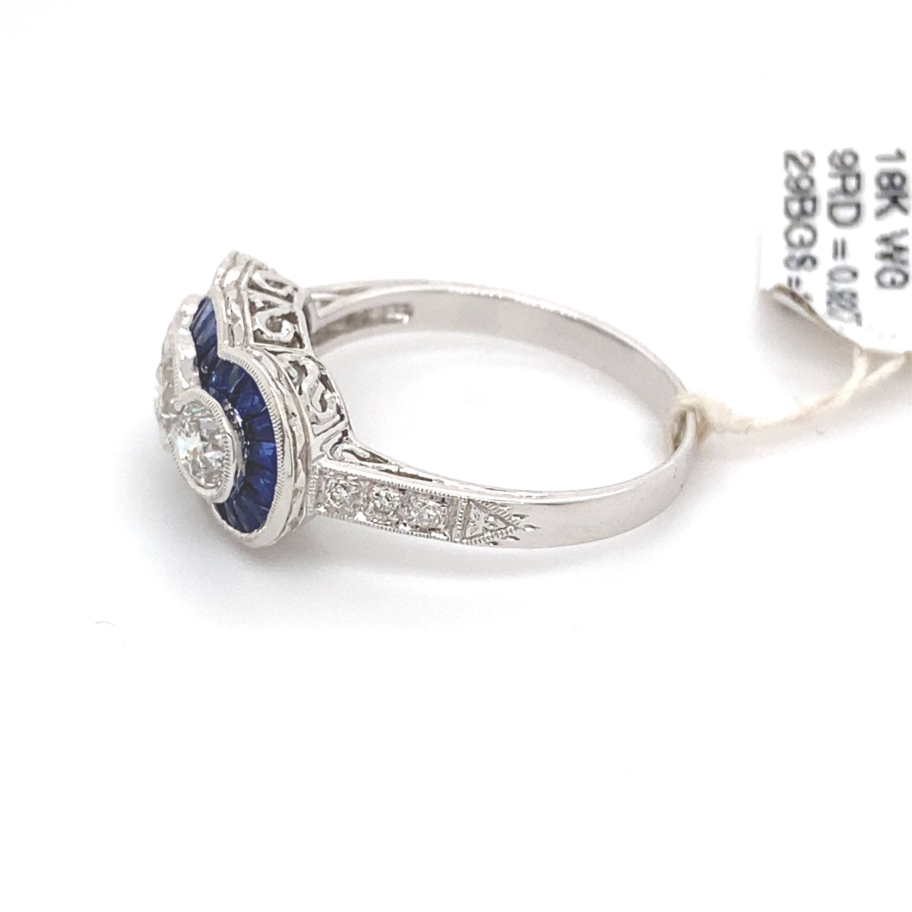 Women's Art Deco Style 2.12ct Sapphire & Diamond Three Stone Ring 18 Karat White Gold