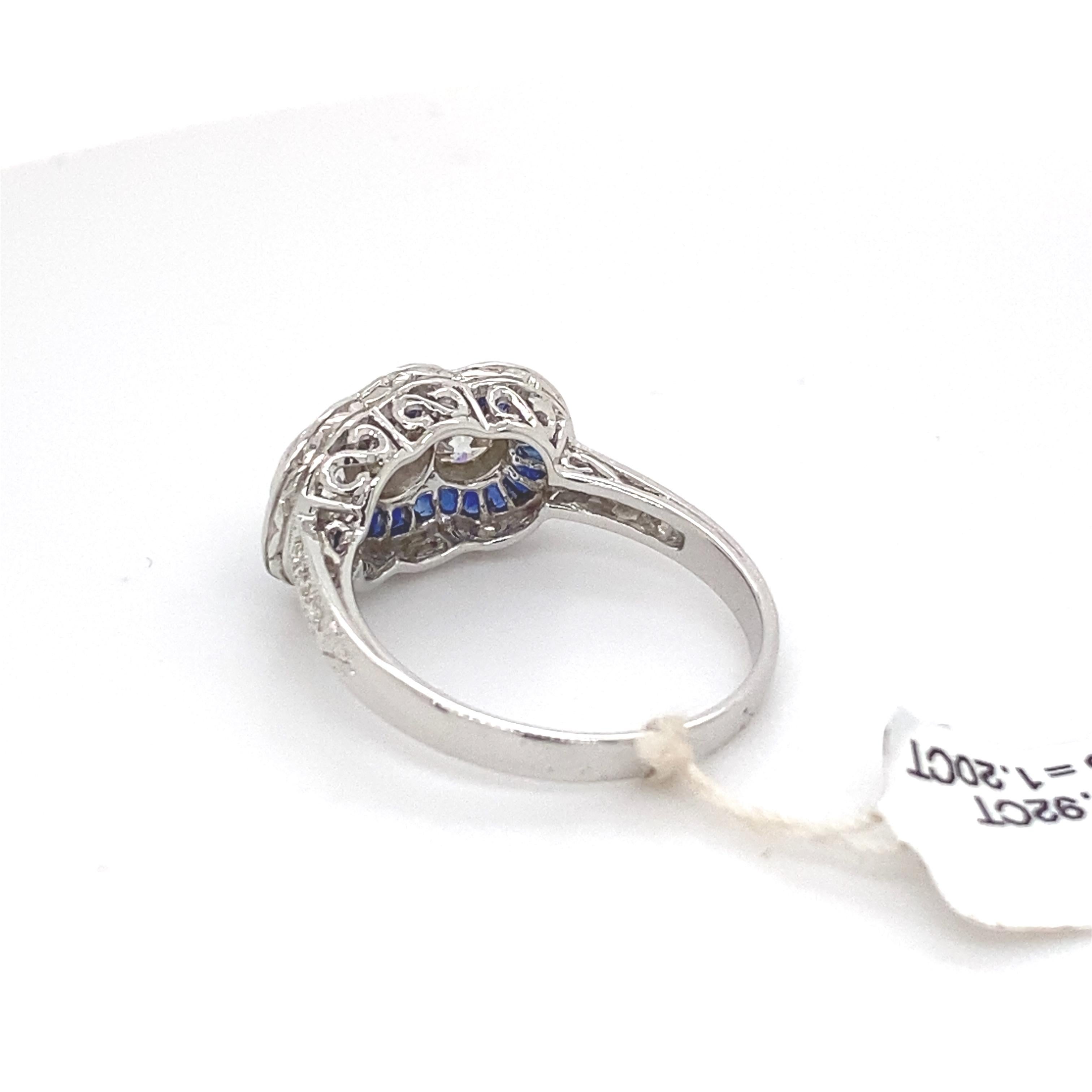 Art Deco Style 2.12ct Sapphire & Diamond Three Stone Ring 18 Karat White Gold 1