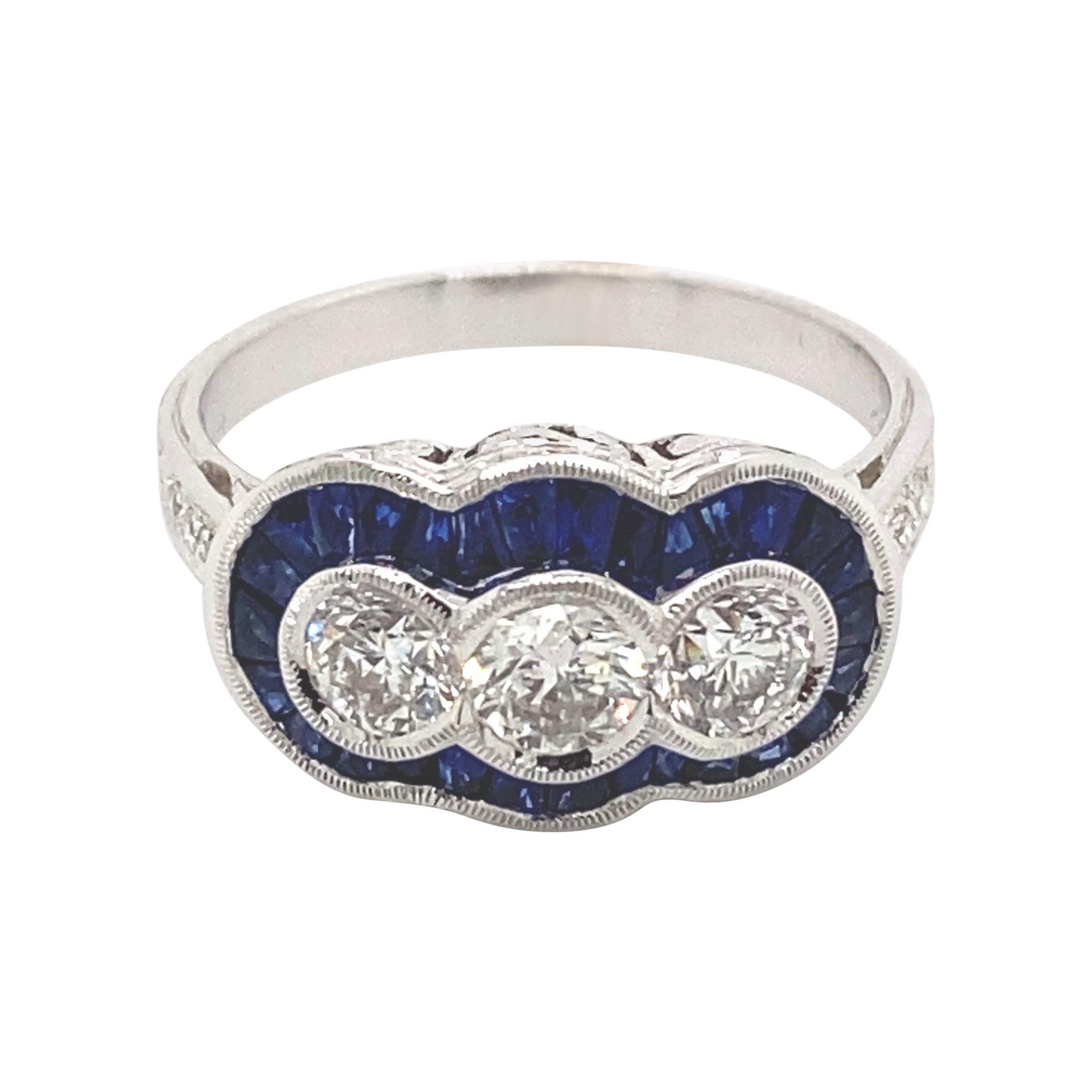 Art Deco Style 2.12ct Sapphire & Diamond Three Stone Ring 18 Karat White Gold