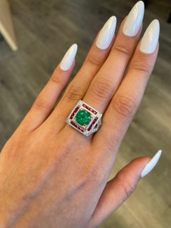 Art Deco Style 2.15 Carat Emerald with Rubies & Diamonds Ring 18k White Gold