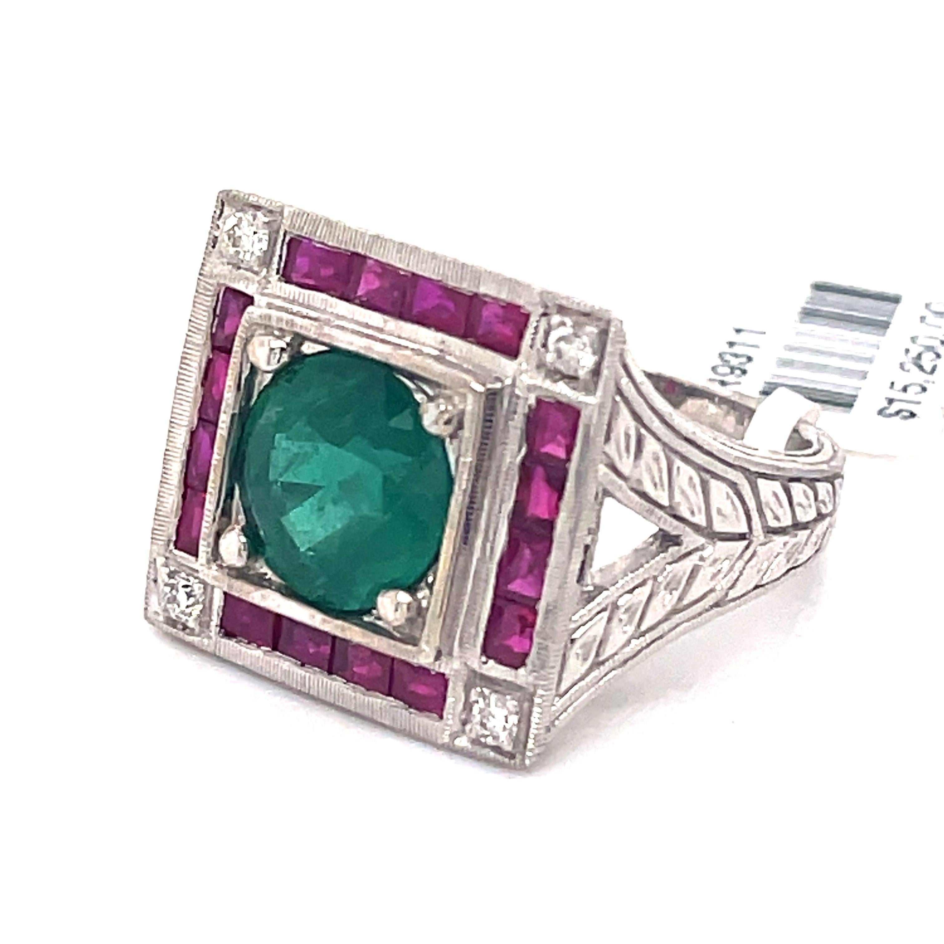 Round Cut Art Deco Style 2.15 Carat Emerald with Rubies & Diamonds Ring 18k White Gold For Sale