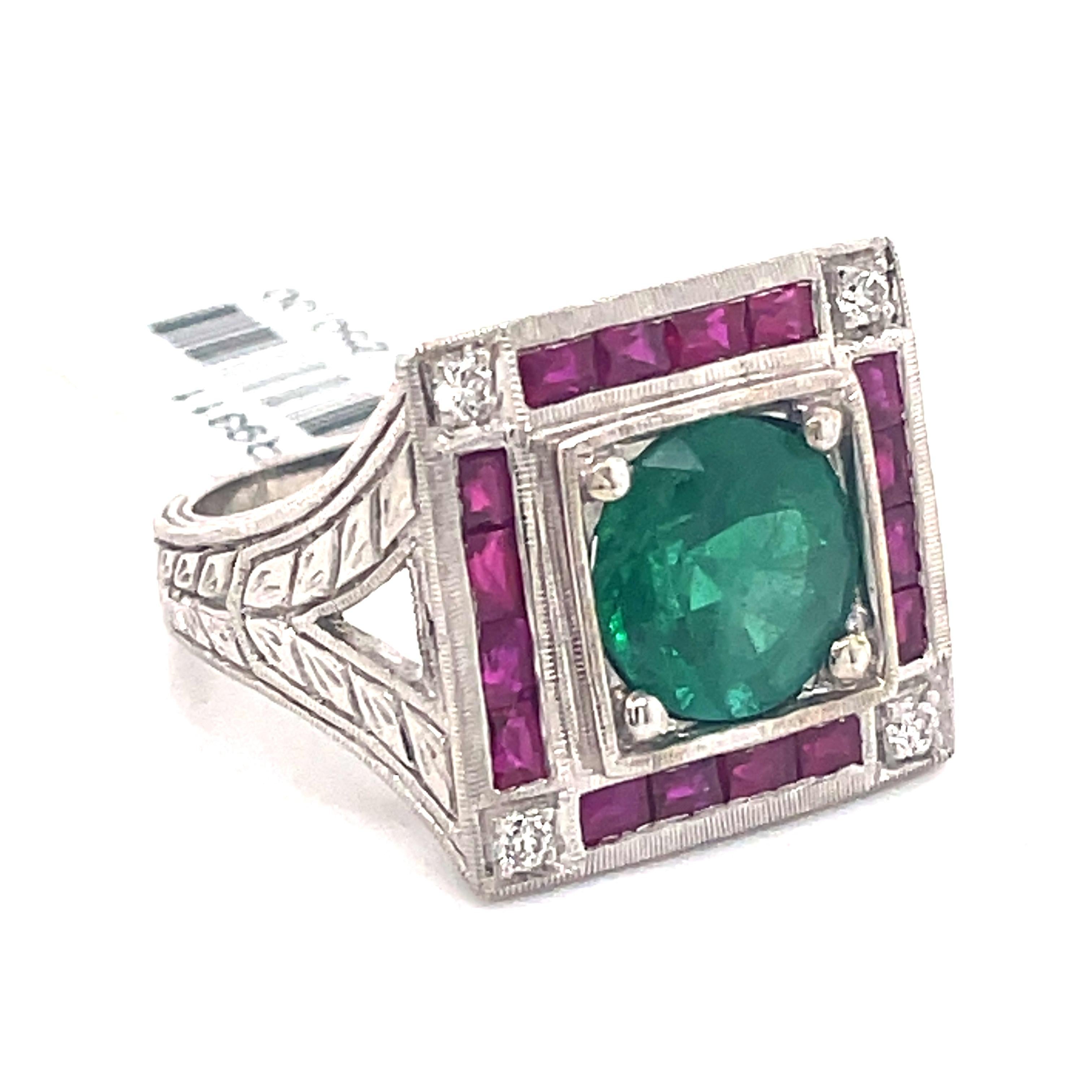 Art Deco Style 2.15 Carat Emerald with Rubies & Diamonds Ring 18k White Gold In New Condition For Sale In BEVERLY HILLS, CA