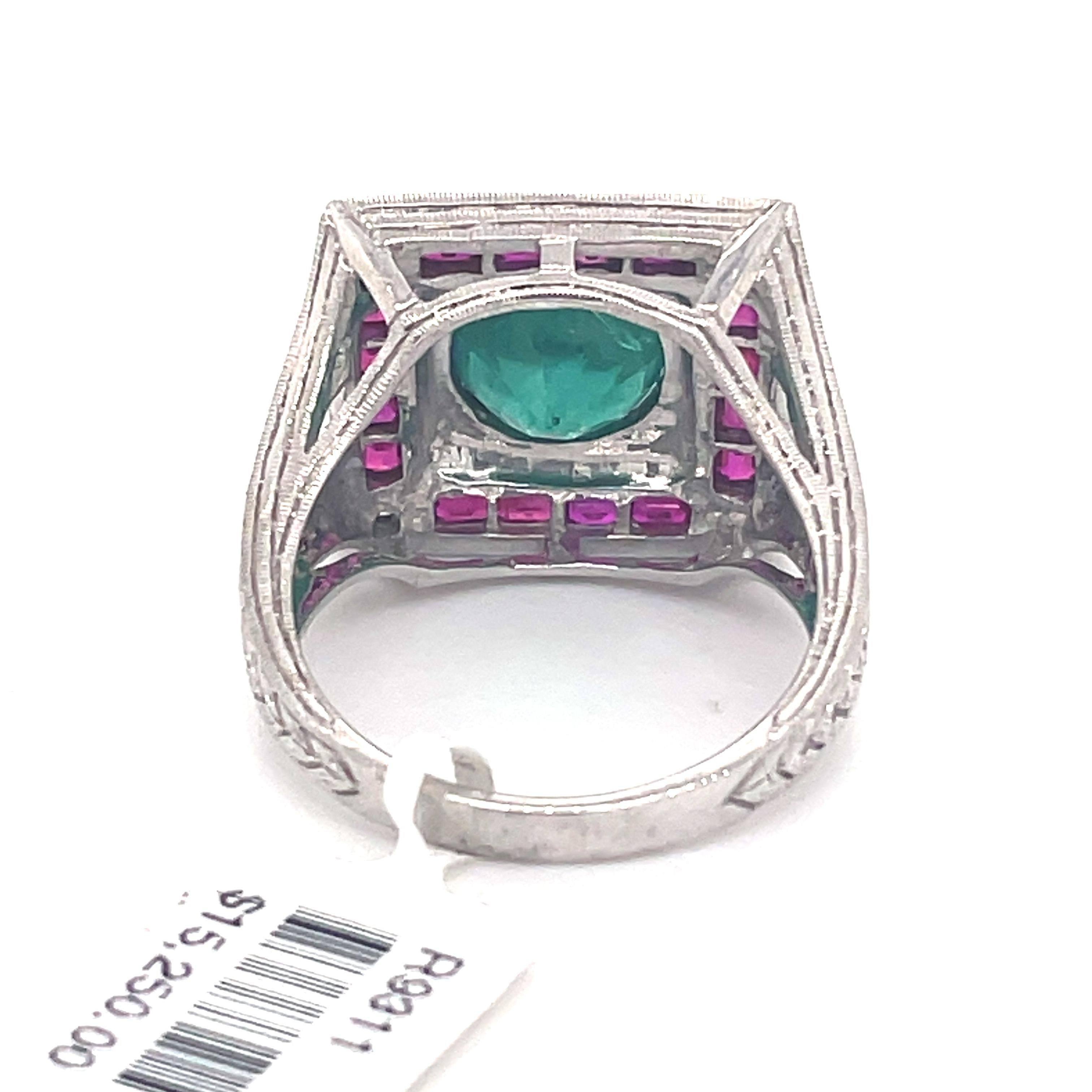 Women's Art Deco Style 2.15 Carat Emerald with Rubies & Diamonds Ring 18k White Gold For Sale