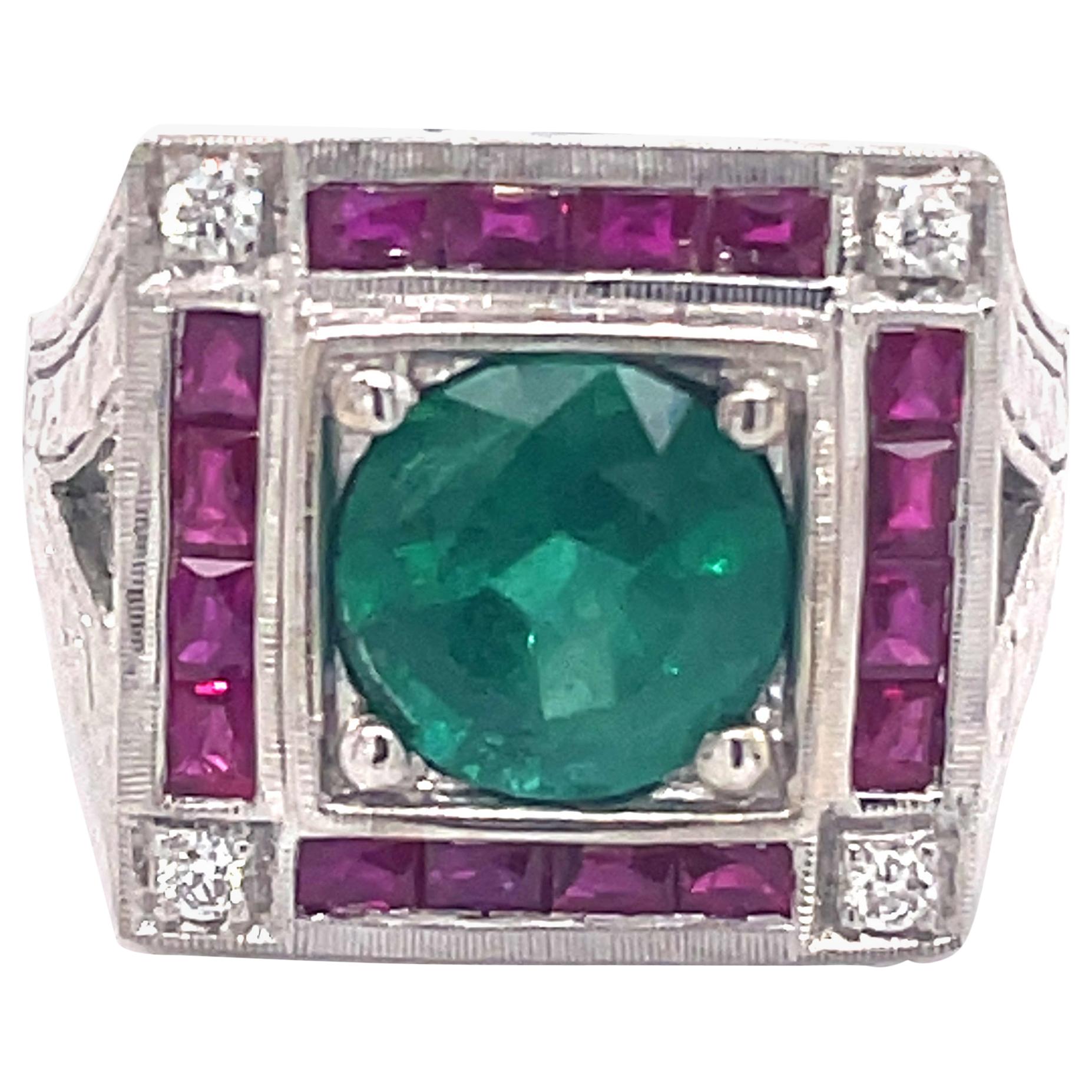 Ring im Art-Déco-Stil, 2,15 Karat Smaragd mit Rubinen und Diamanten 18k Weißgold