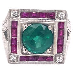 Art Deco Style 2.15 Carat Emerald with Rubies & Diamonds Ring 18k White Gold