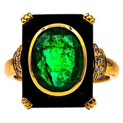 Art Deco Style 2.18 Carat White Diamond Emerald Onyx Yellow Gold Cocktail Ring