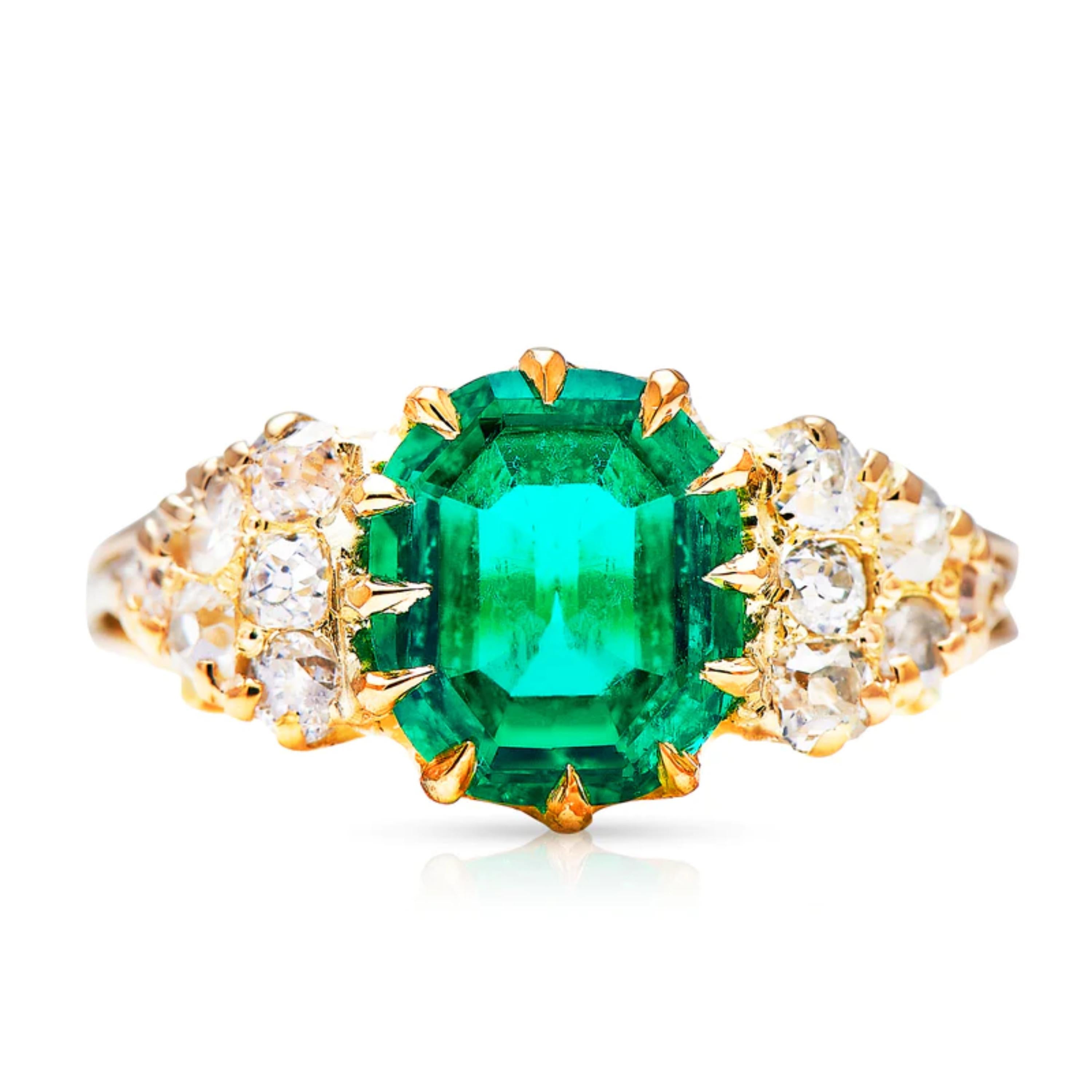 Art Deco Style 2.2 Carat Cushion Cut Emerald Diamond Engagement ring or Cocktail

A stunning ring featuring IGI/GIA Certified 2.20 Carat Natural Emerald and 0.25 Carat of Diamond Accents set in 18K Solid Gold.

Emeralds are highly valued for their