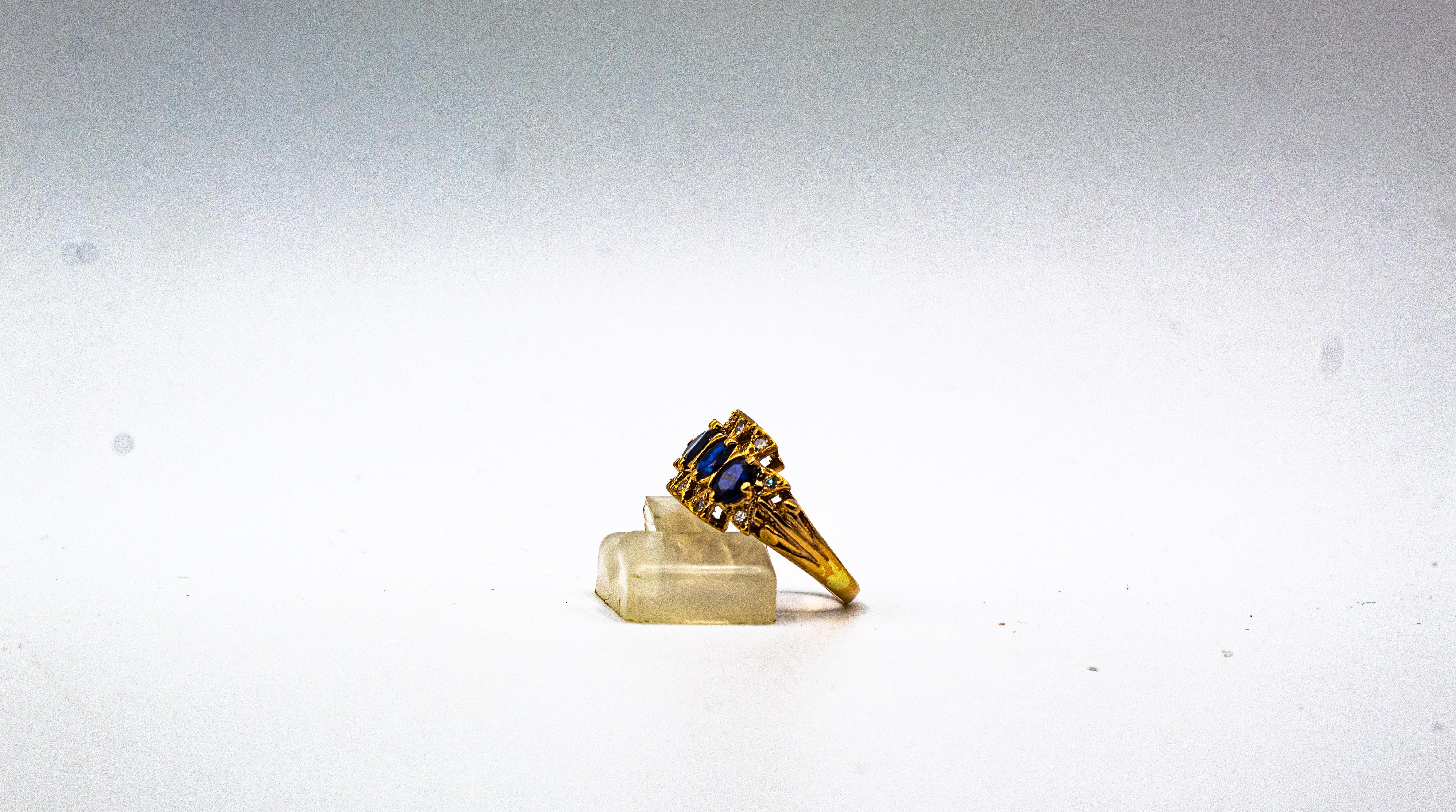 Art Deco Style 2.20 Carat White Diamond Oval Cut Blue Sapphire Yellow Gold Ring For Sale 5