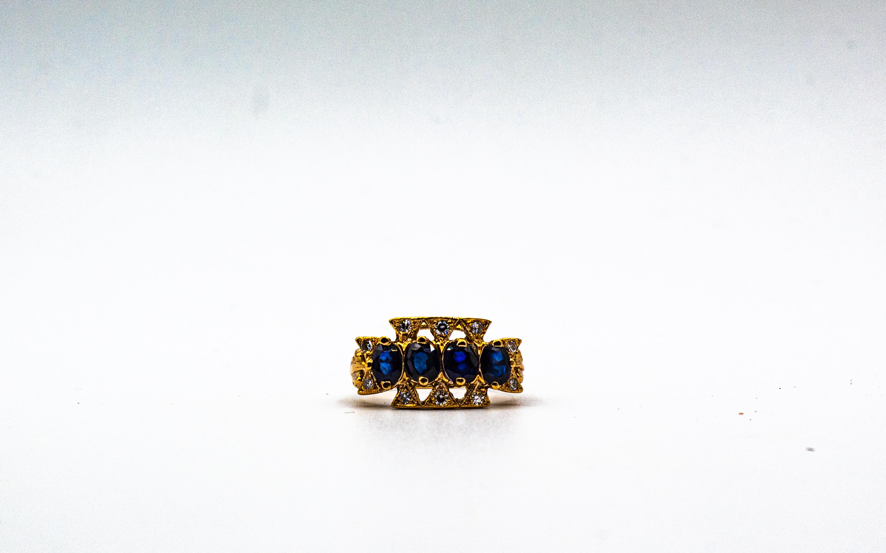 Art Deco Style 2.20 Carat White Diamond Oval Cut Blue Sapphire Yellow Gold Ring For Sale 6