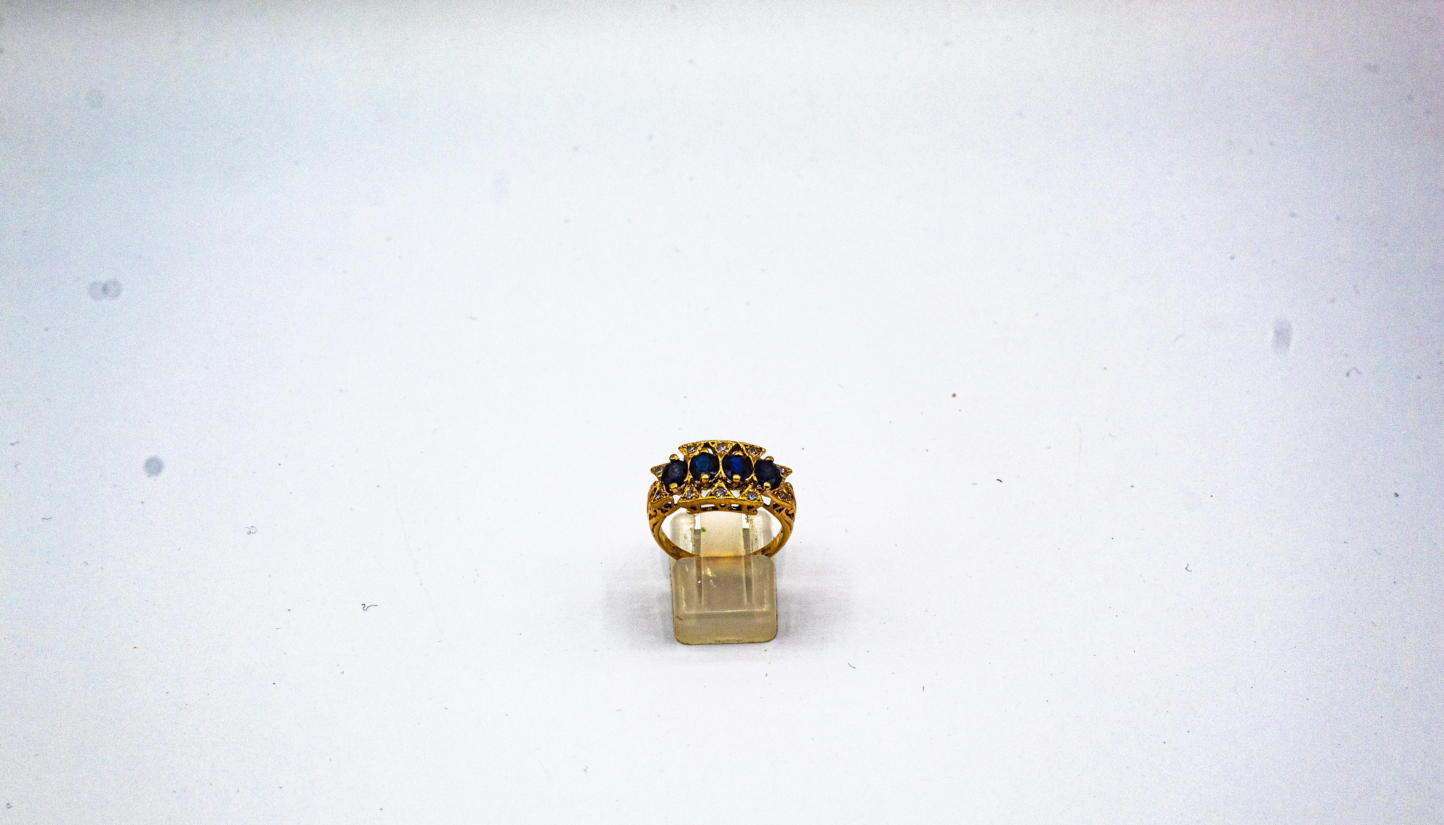 Brilliant Cut Art Deco Style 2.20 Carat White Diamond Oval Cut Blue Sapphire Yellow Gold Ring For Sale
