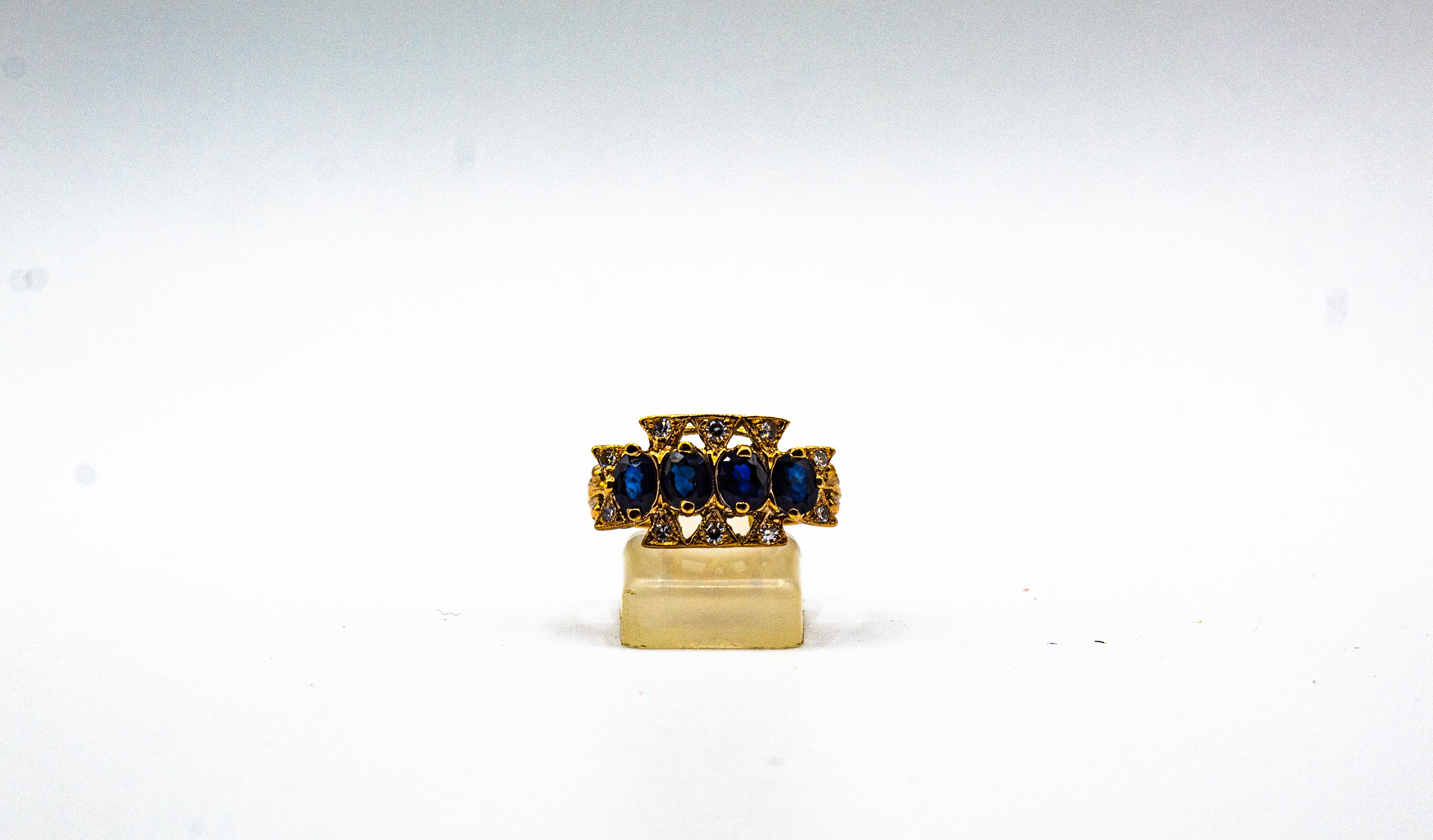 Art Deco Style 2.20 Carat White Diamond Oval Cut Blue Sapphire Yellow Gold Ring For Sale 4