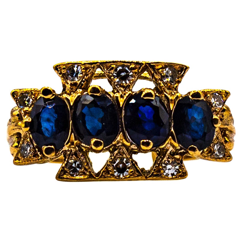Art Deco Style 2.20 Carat White Diamond Oval Cut Blue Sapphire Yellow Gold Ring For Sale