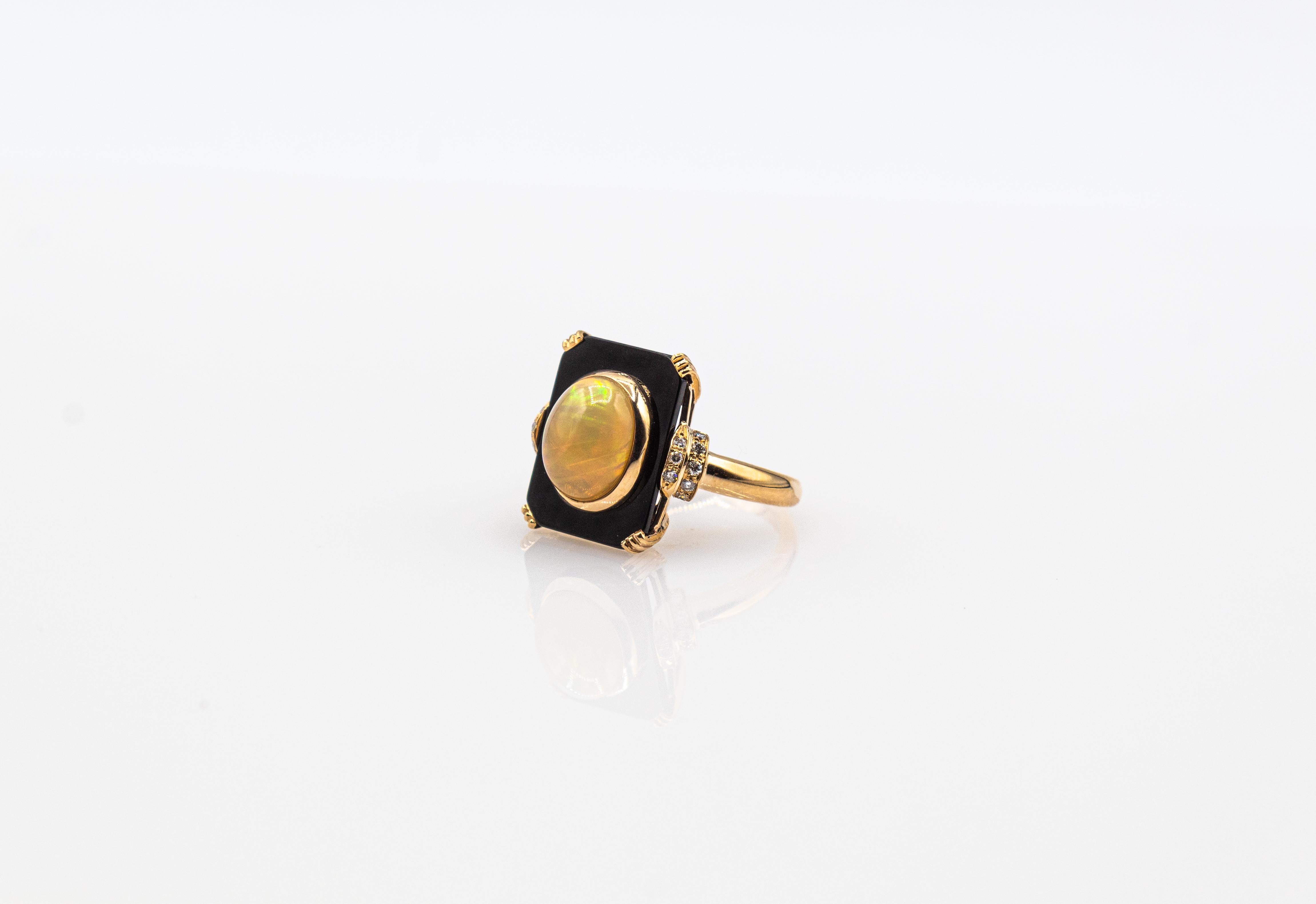 Art Deco Style 2.21 Carat White Diamond Opal Onyx Yellow Gold Cocktail Ring For Sale 6