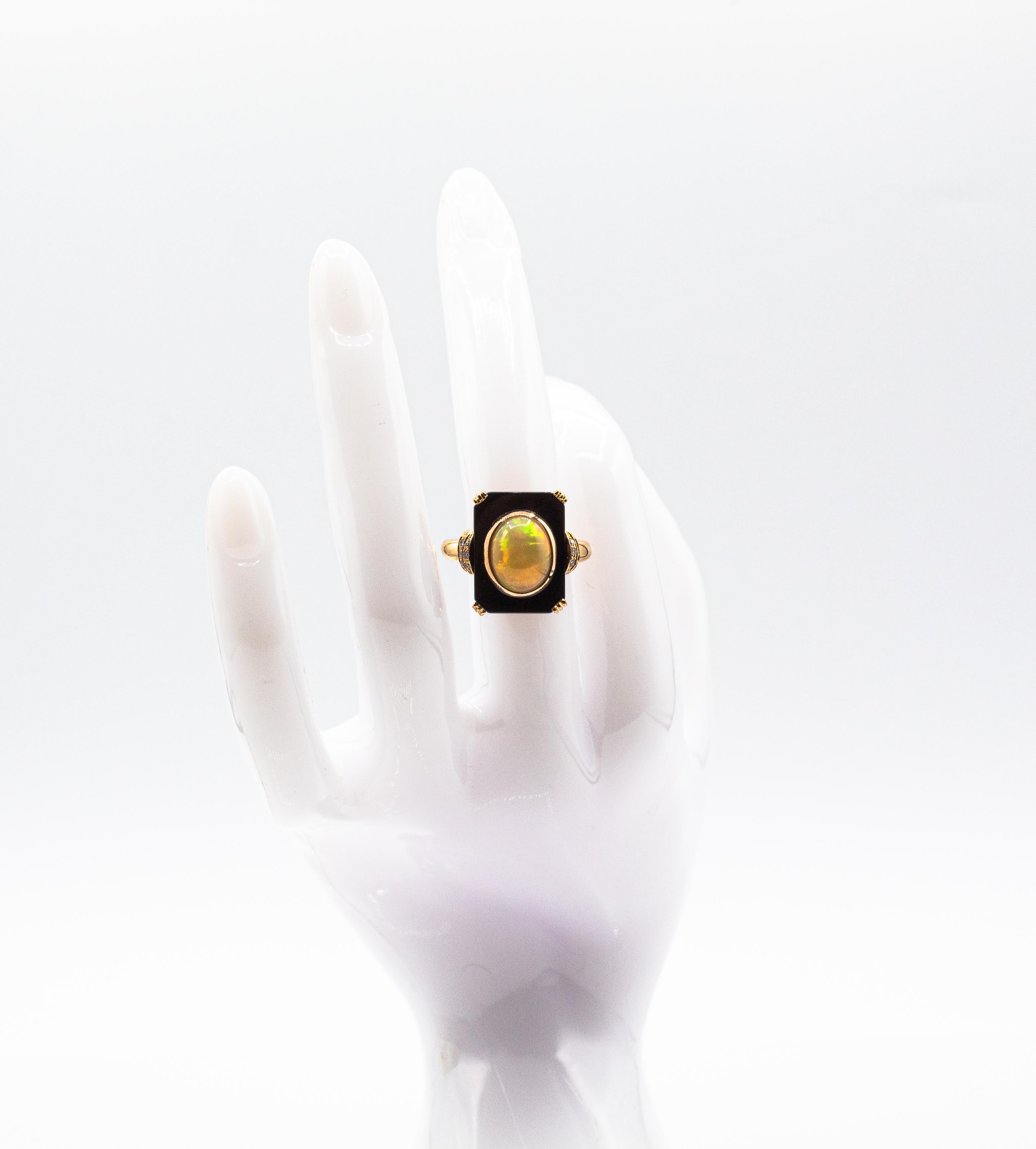 Art Deco Style 2.21 Carat White Diamond Opal Onyx Yellow Gold Cocktail Ring For Sale 7