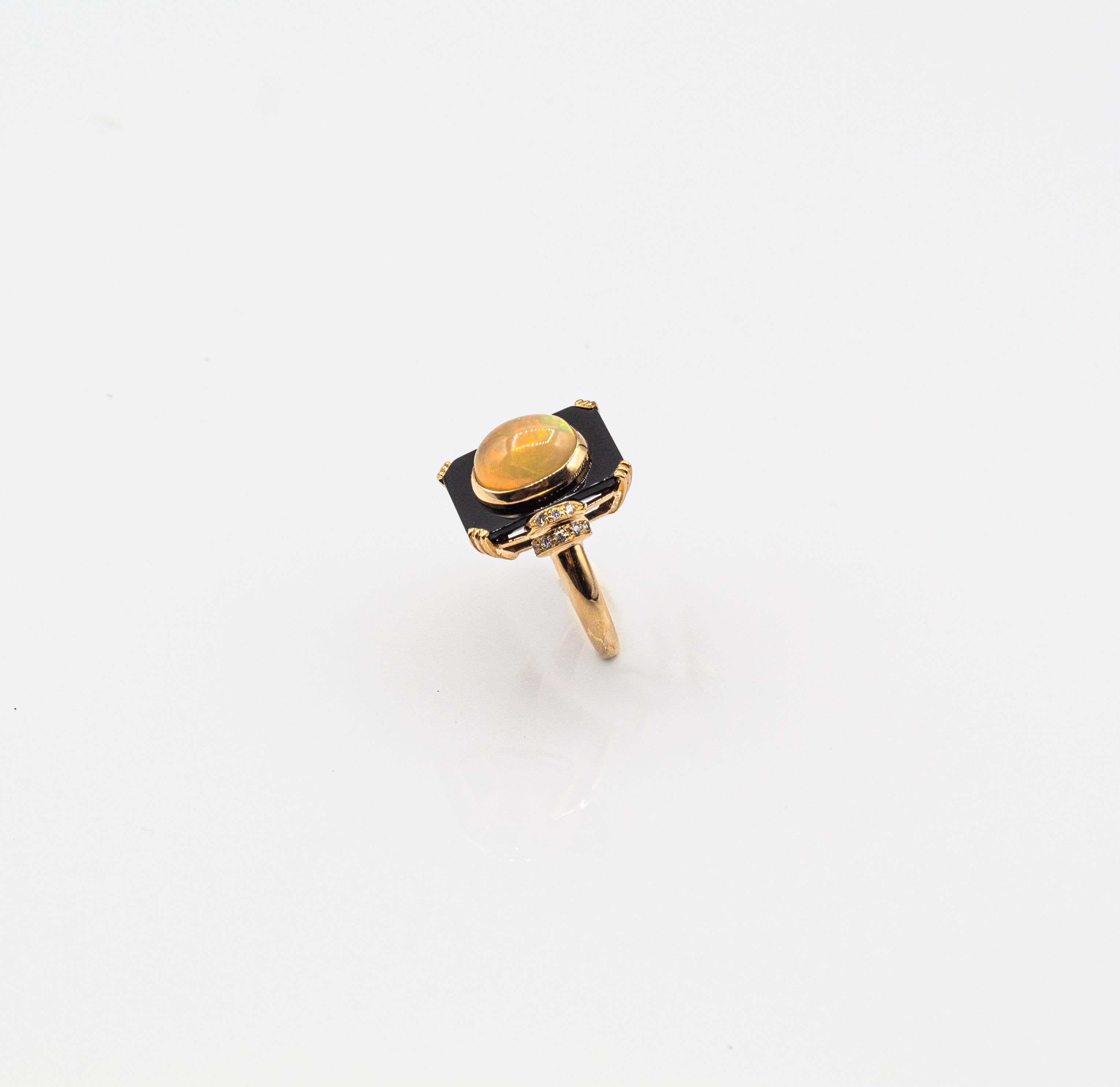 Brilliant Cut Art Deco Style 2.21 Carat White Diamond Opal Onyx Yellow Gold Cocktail Ring For Sale