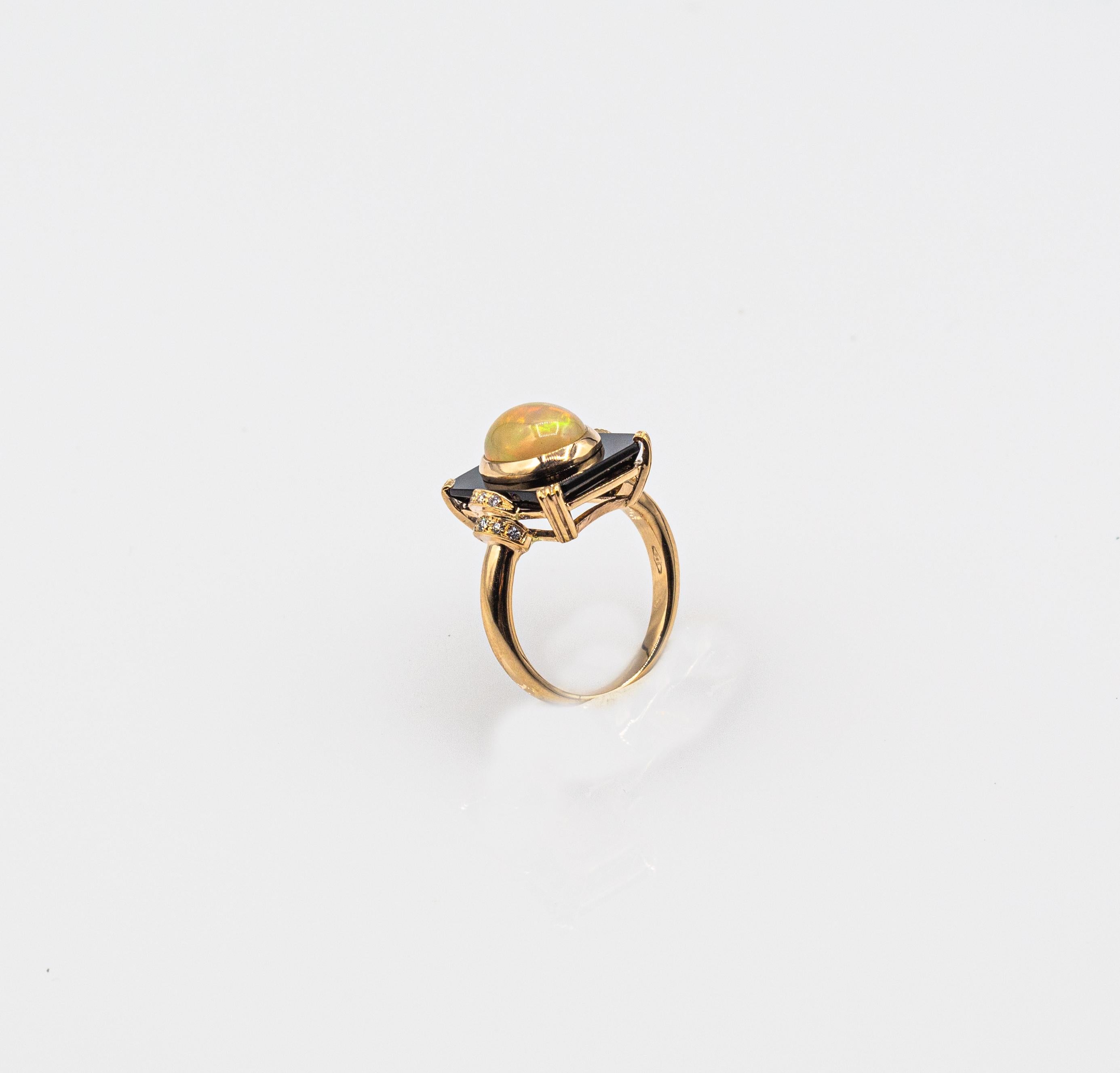 Art Deco Style 2.21 Carat White Diamond Opal Onyx Yellow Gold Cocktail Ring In New Condition For Sale In Naples, IT