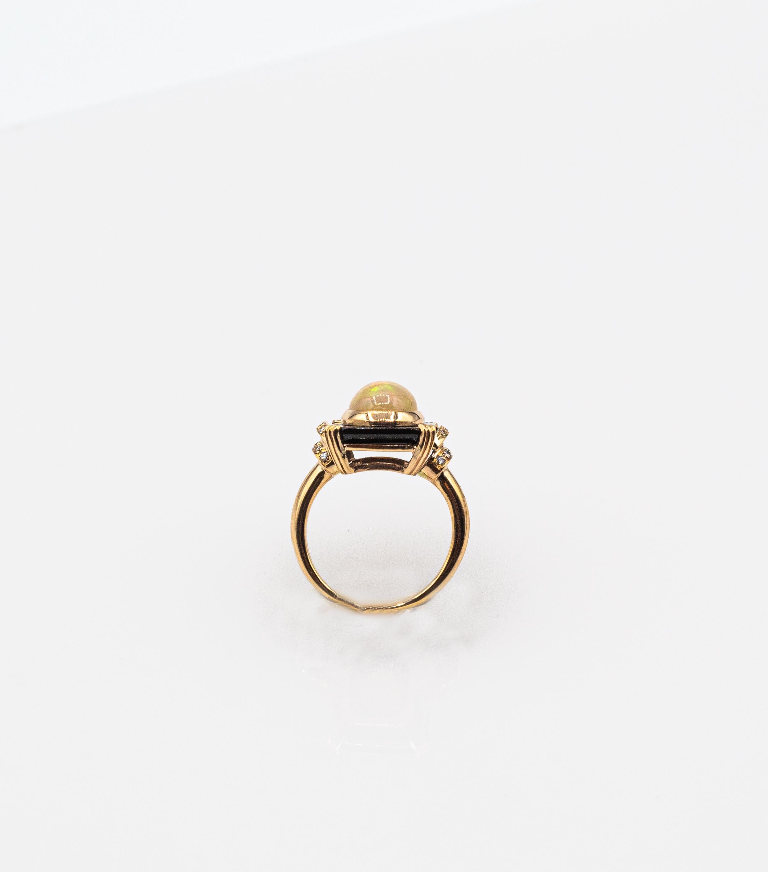 Women's or Men's Art Deco Style 2.21 Carat White Diamond Opal Onyx Yellow Gold Cocktail Ring For Sale