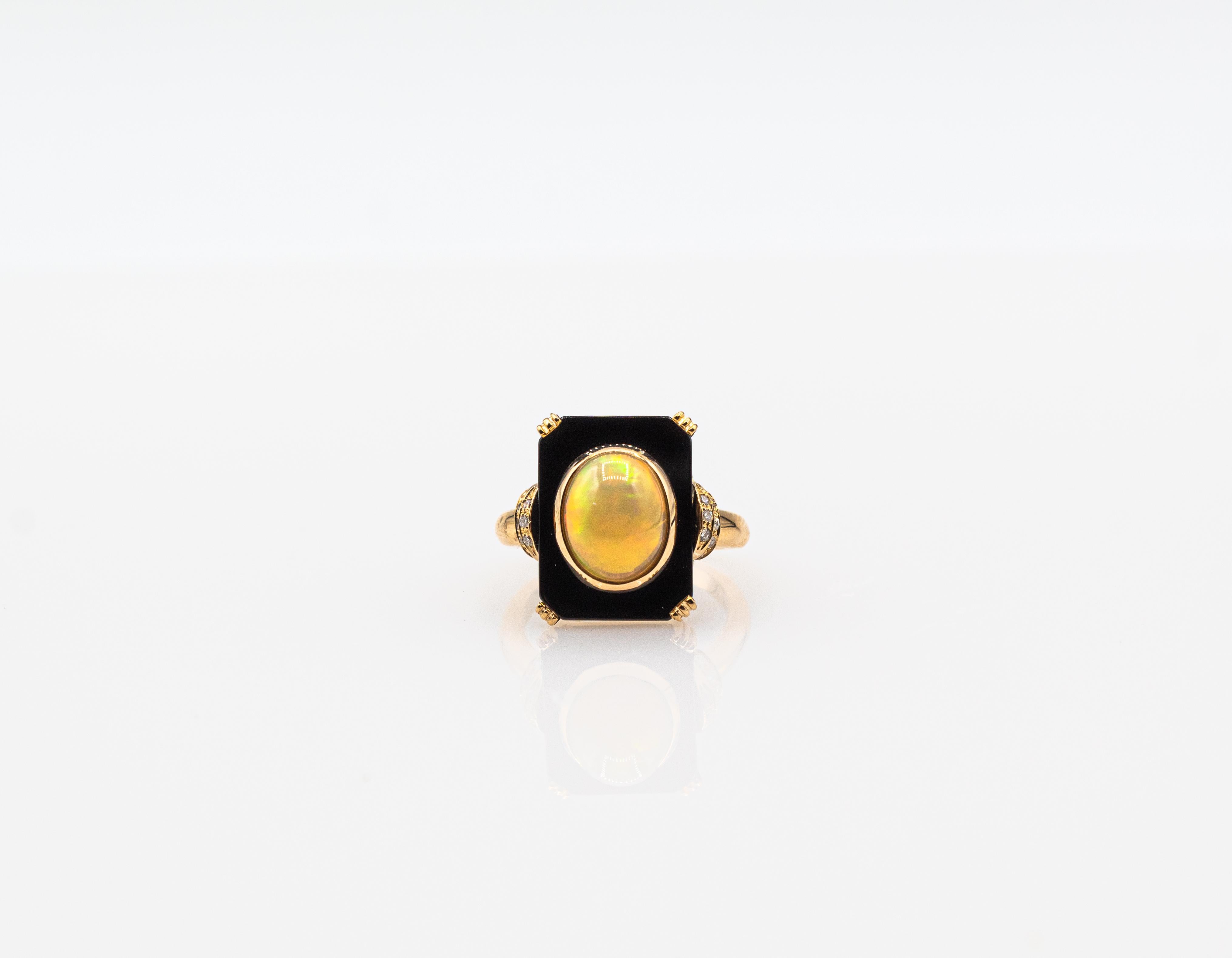 Art Deco Style 2.21 Carat White Diamond Opal Onyx Yellow Gold Cocktail Ring For Sale 2