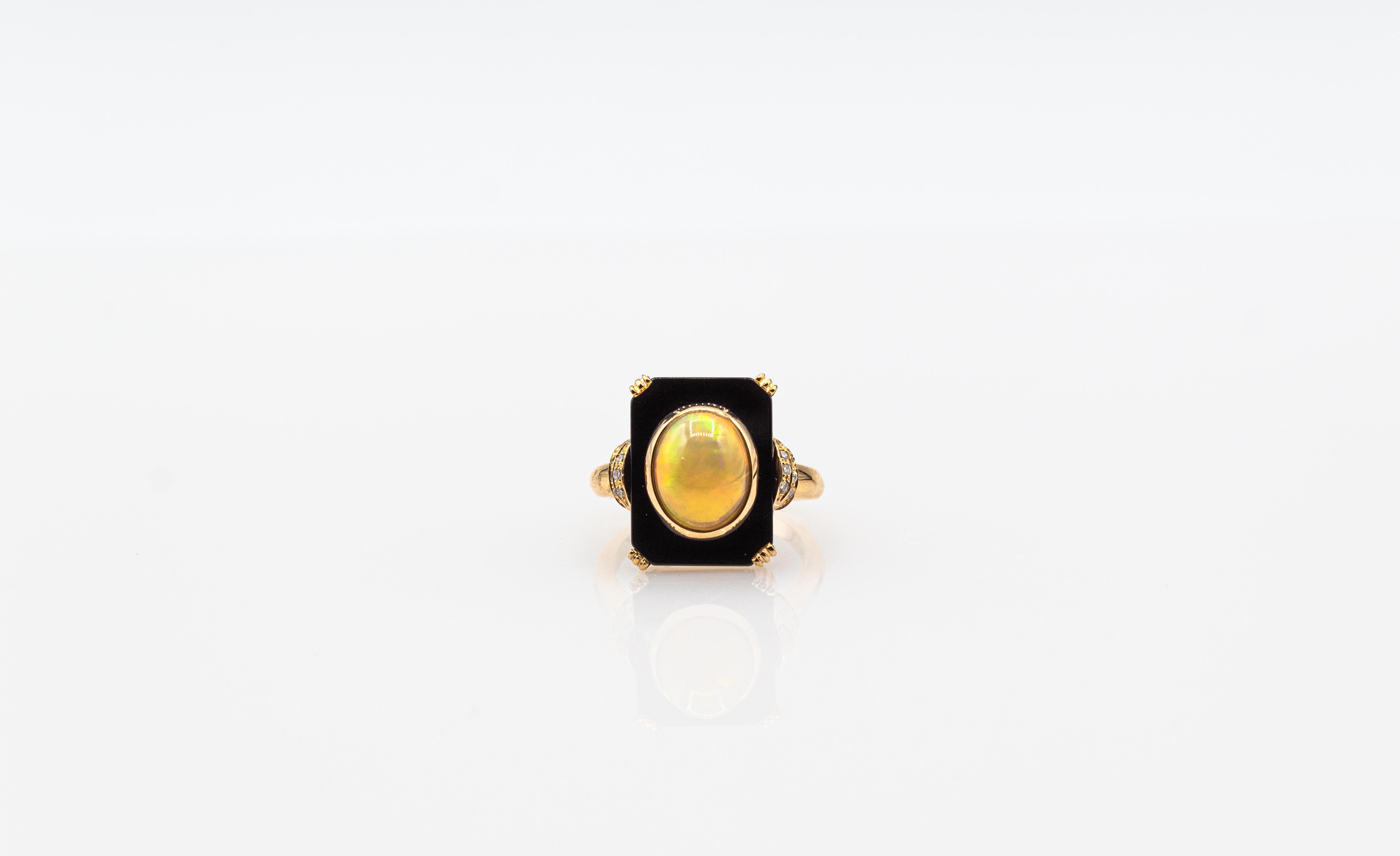 Art Deco Style 2.21 Carat White Diamond Opal Onyx Yellow Gold Cocktail Ring For Sale 3