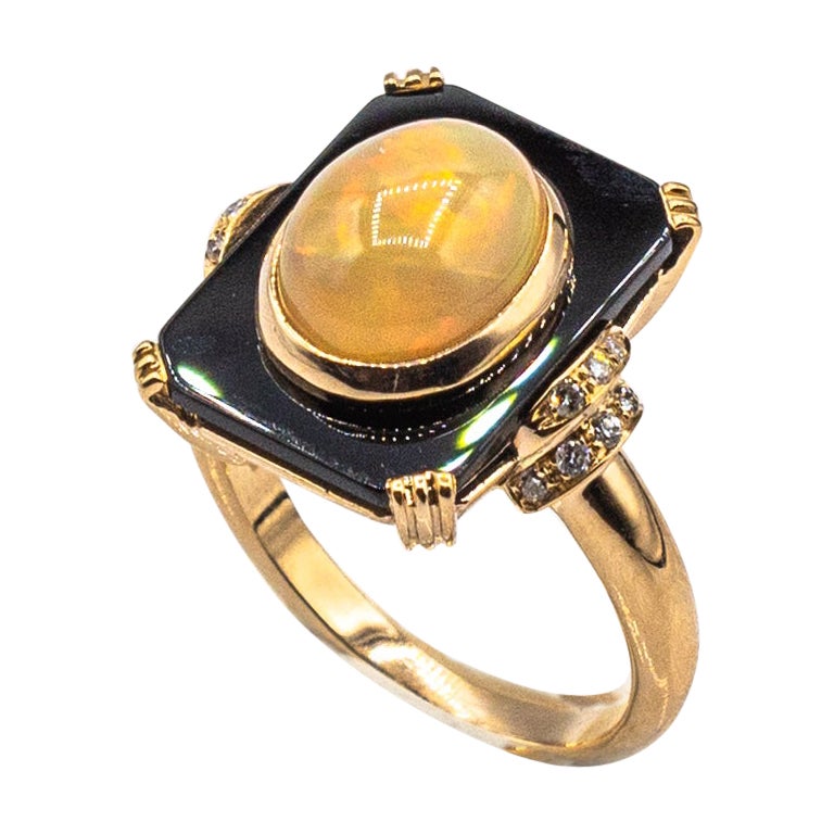 Bague cocktail en or jaune de style Art déco avec opale, onyx et diamant blanc de 2.21 carats