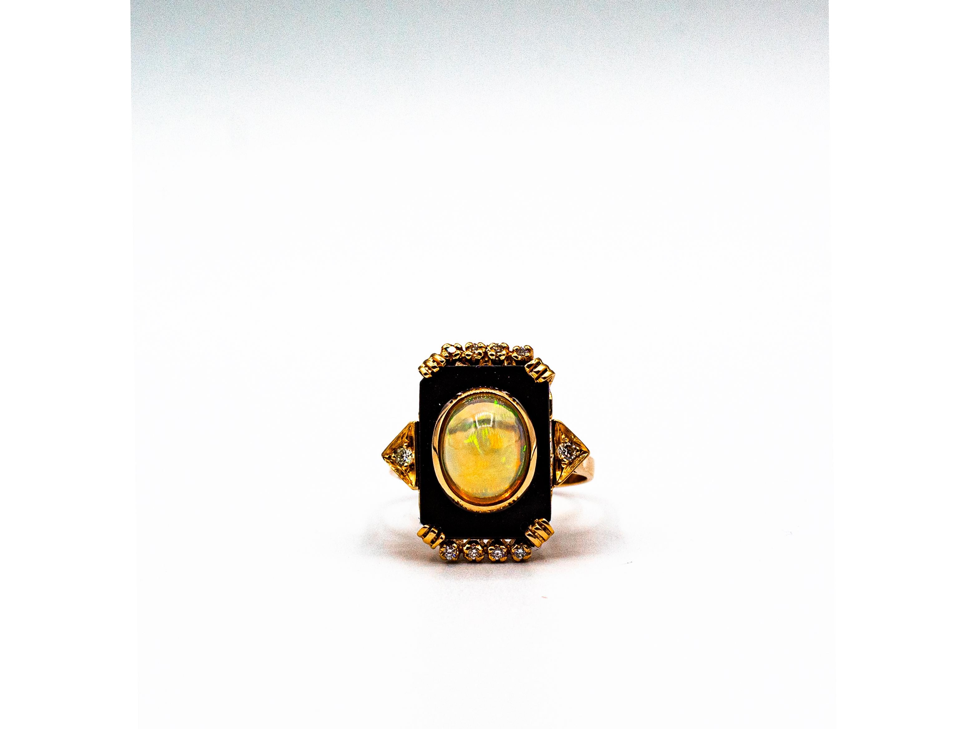Art Deco Style 2.23 Carat White Diamond Opal Onyx Yellow Gold Cocktail Ring For Sale 6