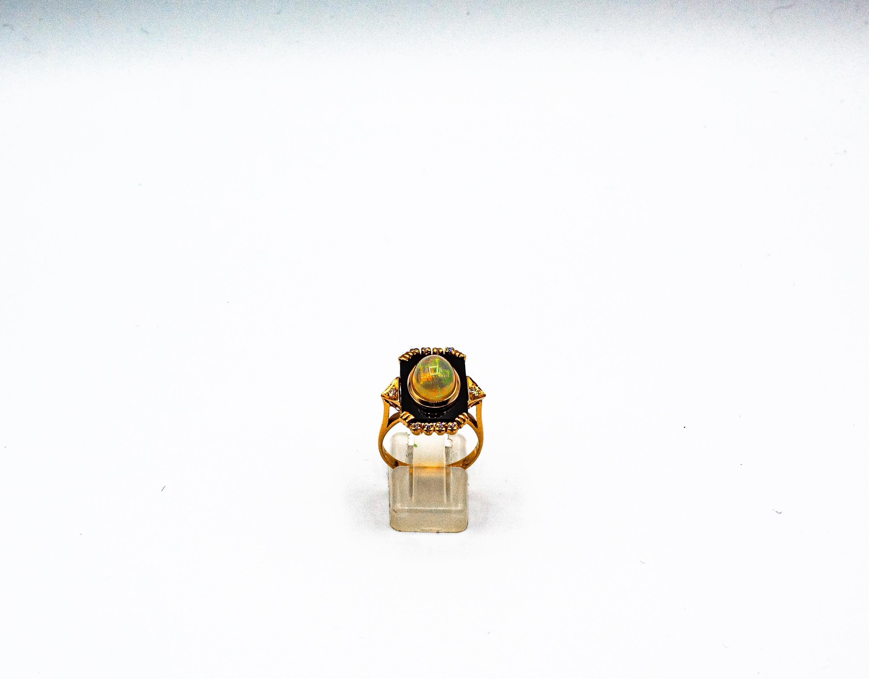 Women's or Men's Art Deco Style 2.23 Carat White Diamond Opal Onyx Yellow Gold Cocktail Ring For Sale