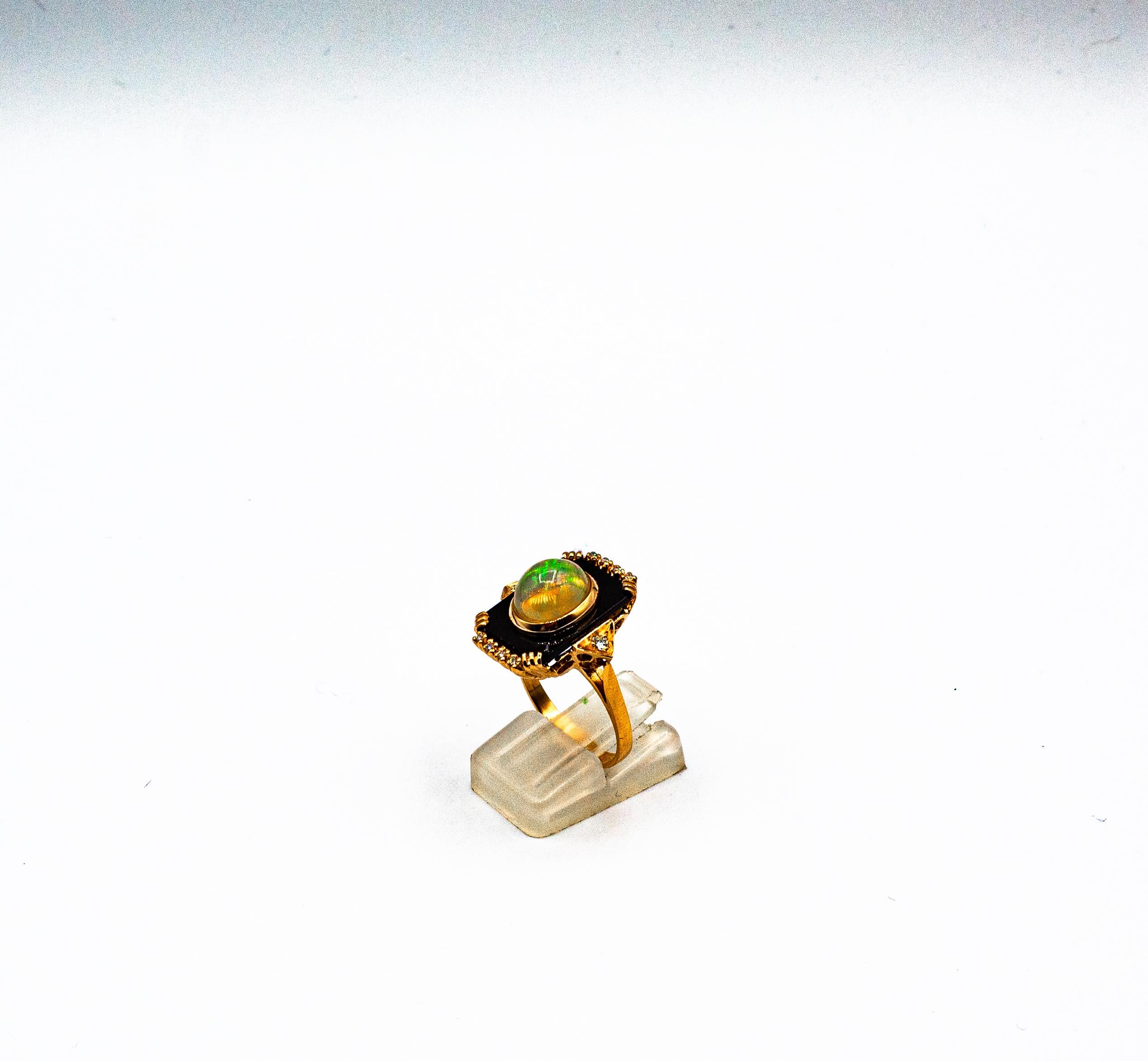 Art Deco Style 2.23 Carat White Diamond Opal Onyx Yellow Gold Cocktail Ring For Sale 3